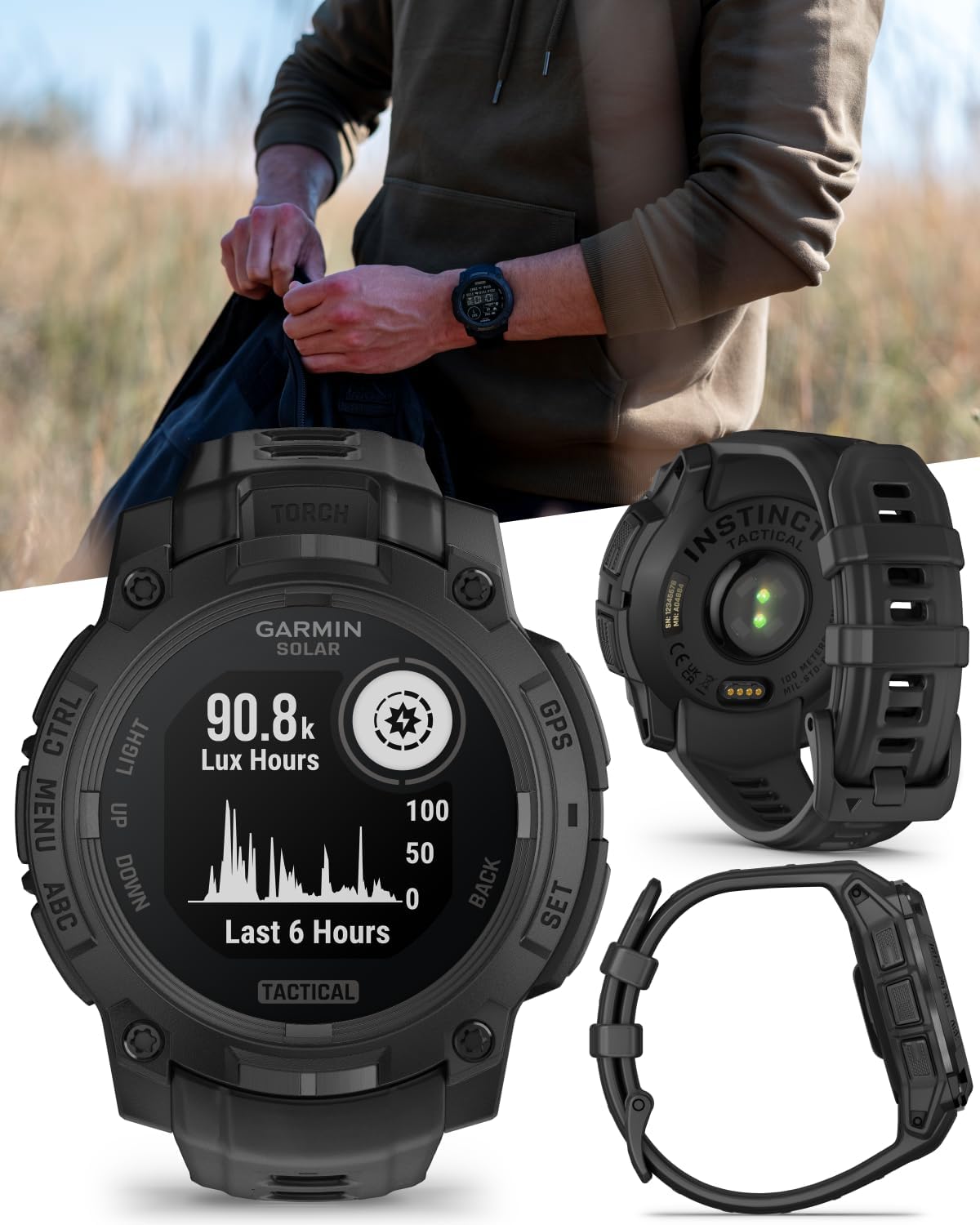 Garmin Instinct 3 Tactical Edition, Solar Charging Display, 45mm, Rugged Outdoor GPS Smartwatch, Applied Ballistics Support, LED Flashlight, Multi-Band GPS White Earbuds Bundle