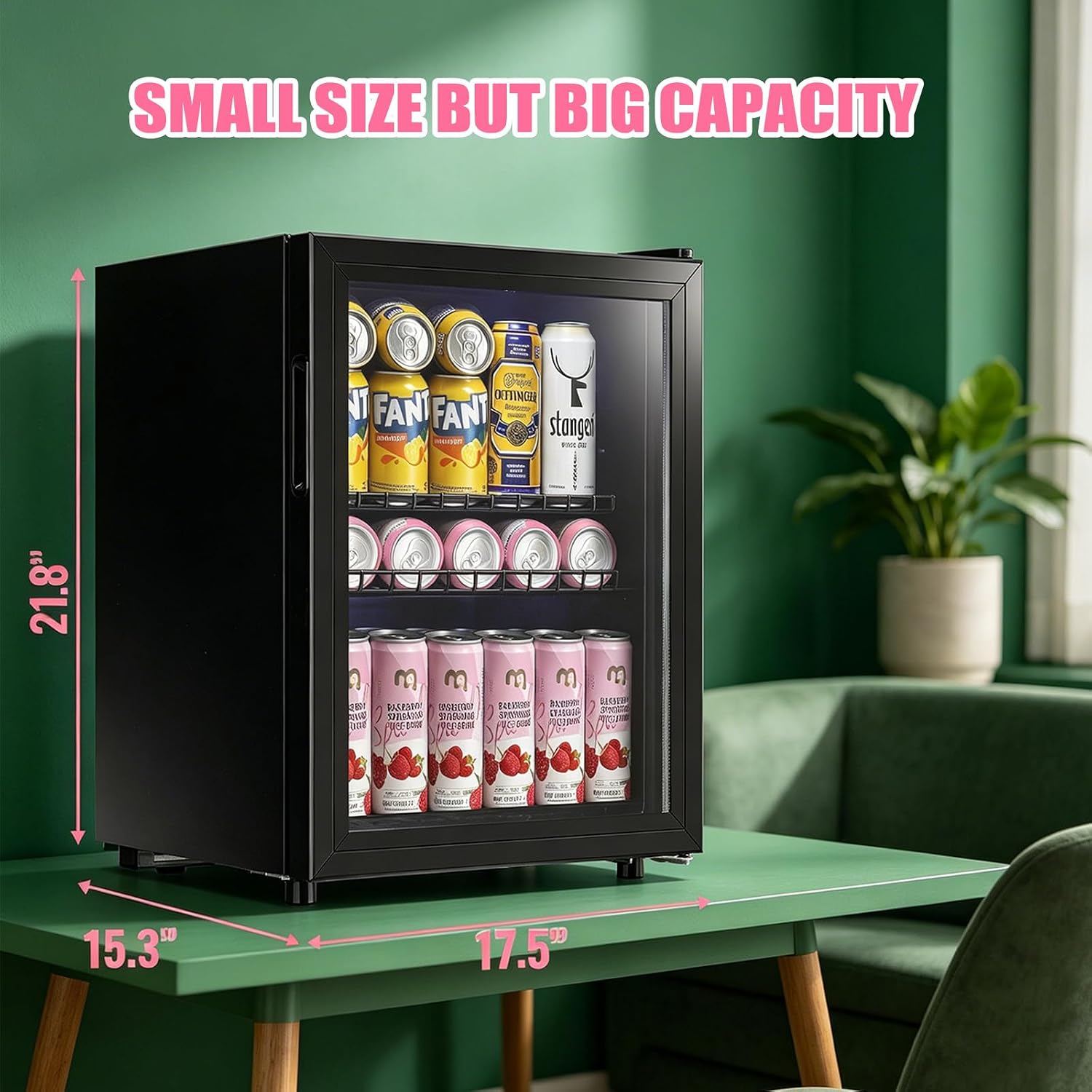 WANAI Beverage Refrigerator and Cooler with Glass Door - 80 Can Capacity, 2.6 Cu.ft Small Beer Fridge for Drinks, Soda, Wine- Mini Cooler with 7 Adjustable Temperature Control and Blue LED Light