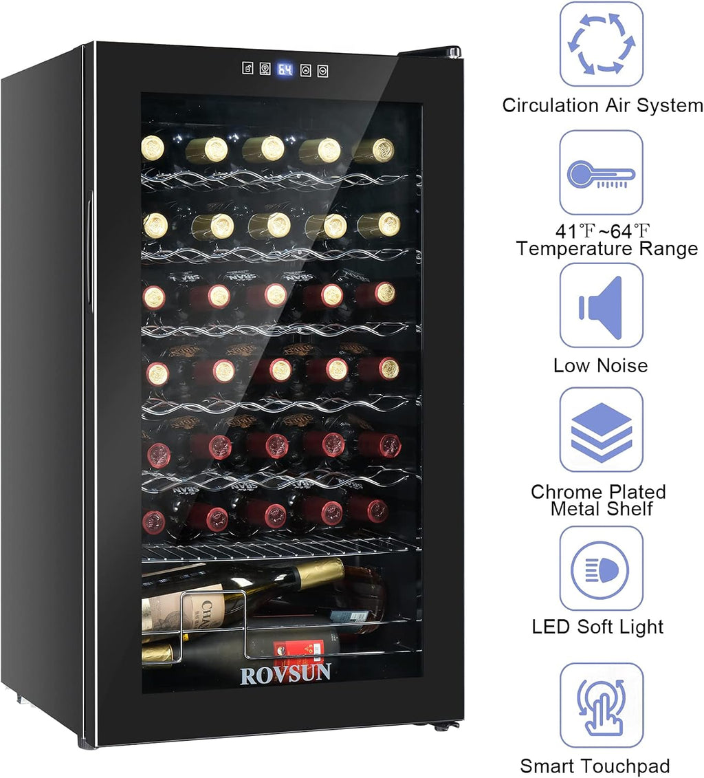 ROVSUN 34 Bottle Wine Cooler Refrigerator, Compressor Wine Fridge Chiller with Digital Temperature Display, Freestanding Single Zone Beverage Refrigerator for Red/White Wines Beer Soda