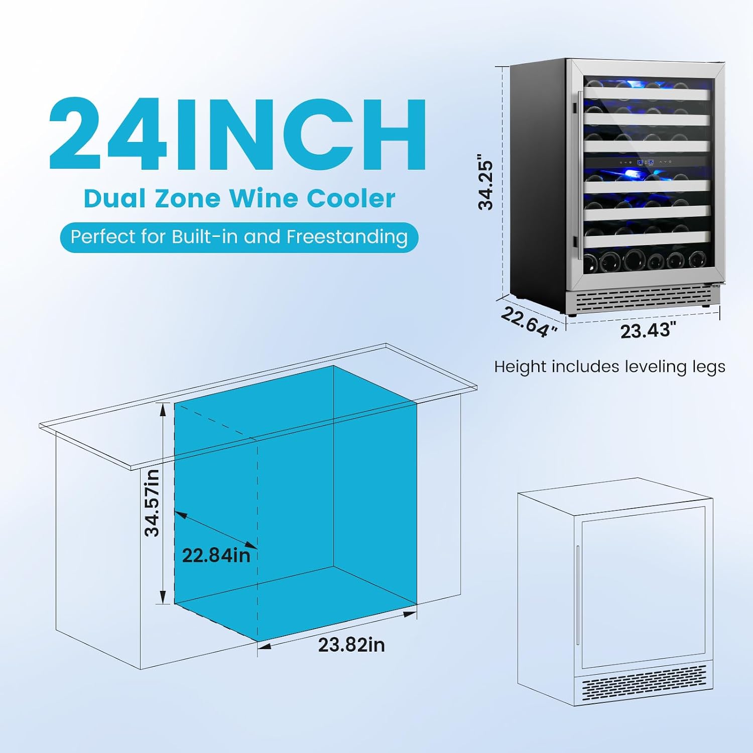24 Inch Wine Cooler Refrigerator, 46 Bottle Dual Zone Wine Fridge Cooler Under Counter with Upgrade Compressor Tempered Glass Door, 40-65°F, Built-in/Freestanding for Kitchen Bar Office
