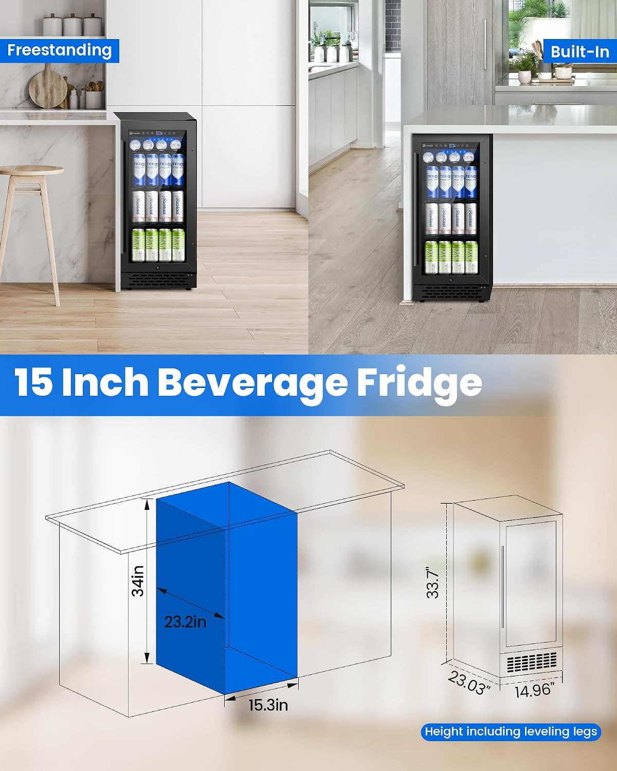 15 Inch Black Beverage Refrigerator Under Counter, 130 Cans Built-in/Freestanding Beverage Cooler, Mini Bar Fridge with Double Tempered Glass Door&Lock, Beverage Fridge for Drink Beer Soda Wine