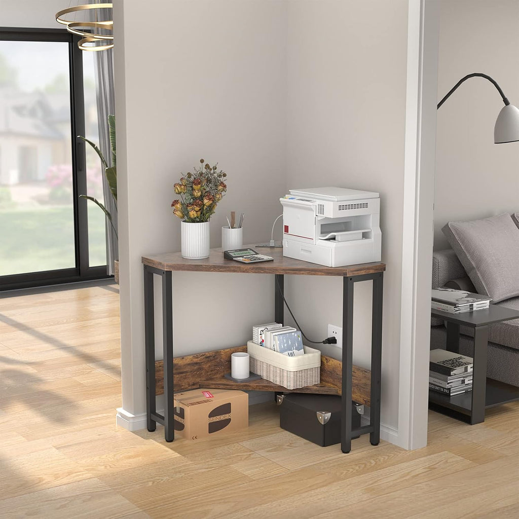 Armocity Corner Small Desk with Outlets Corner Table for Small Space Industrial Computer Desk with USB Ports Triangle Desk with Storage for Home Office, Workstation, Living Room, Bedroom, Rustic