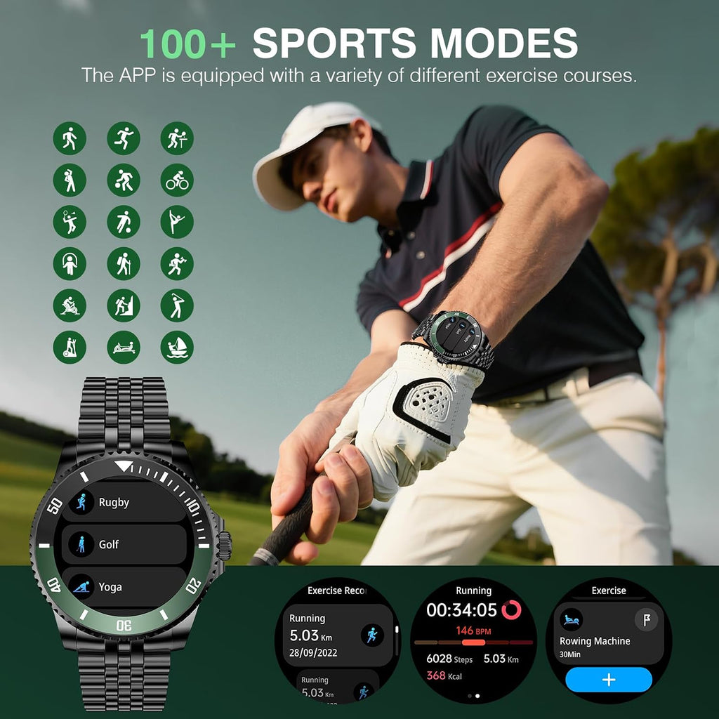 SOUYIE GPT Smart Watch with Bluetooth Call,1.19-inch AMOLED Display, 24/7 Heart Rate, Blood Oxygen, Blood Pressure, Sleep Monitor, 107 Sports Fitness Tracker, Compatible Android and iOS Black Green