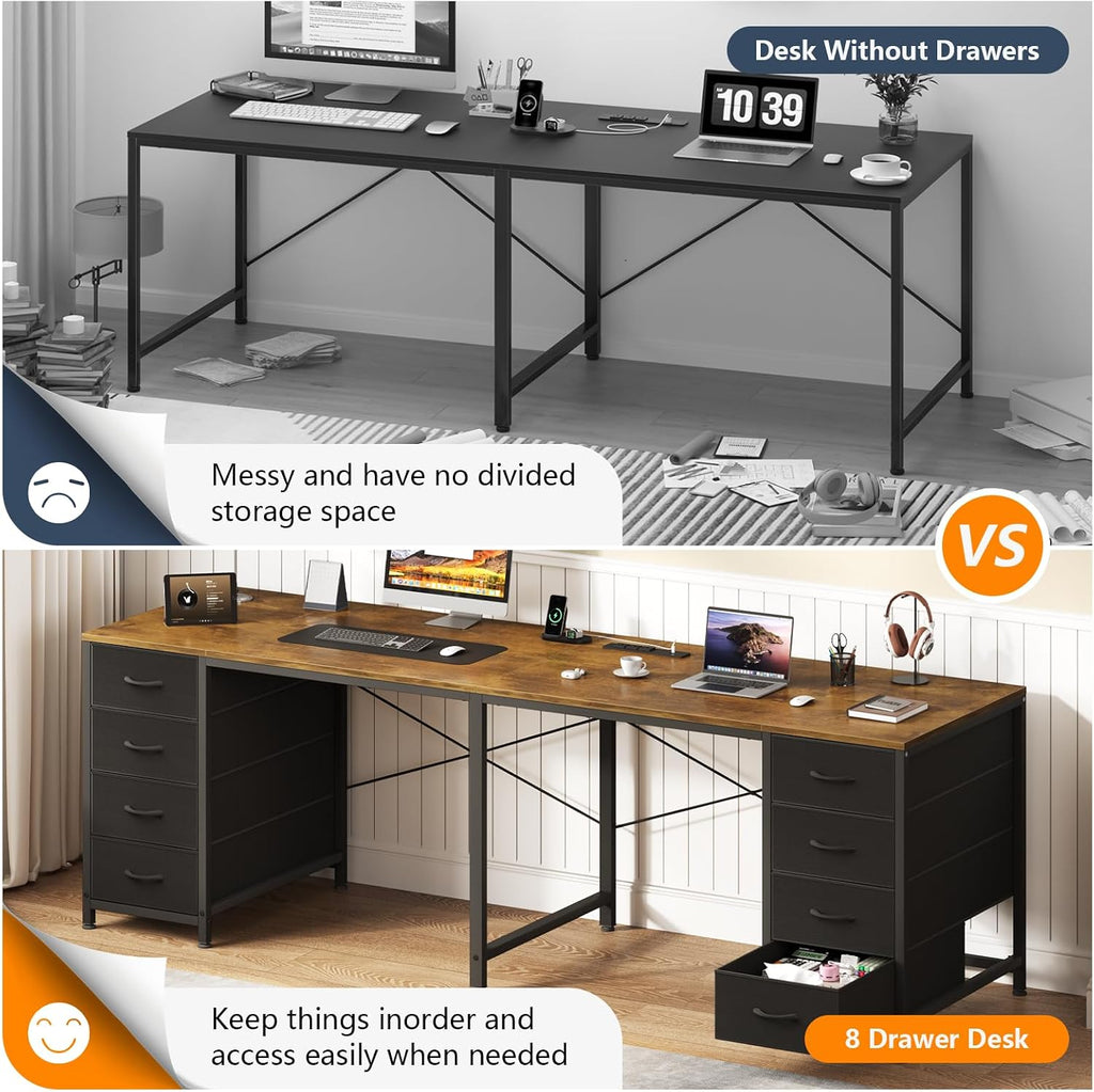 TVU 2 Person Desk with 8 Drawers, Large Home Office Computer Desk with Power Outlets, 78 Inch Long Double Desks for Two People, Rustic Brown