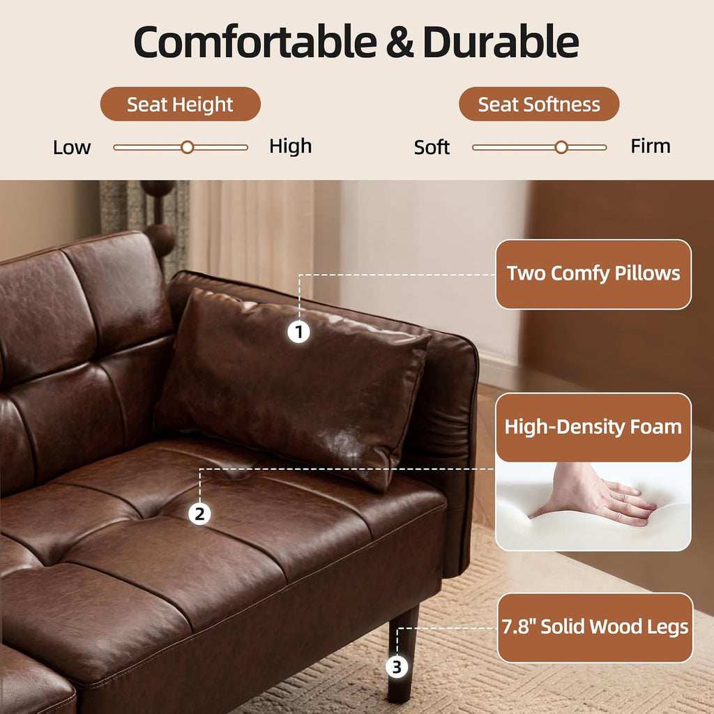 HALLYBEE Futon Sofa Bed, Sleeper Sofa, Small Couch with Storage Adjustable Armrests Pillows, Faux Leather Loveseat, Mid Century Modern Couches for Living Room, Bedroom, Apartment, Red Brown