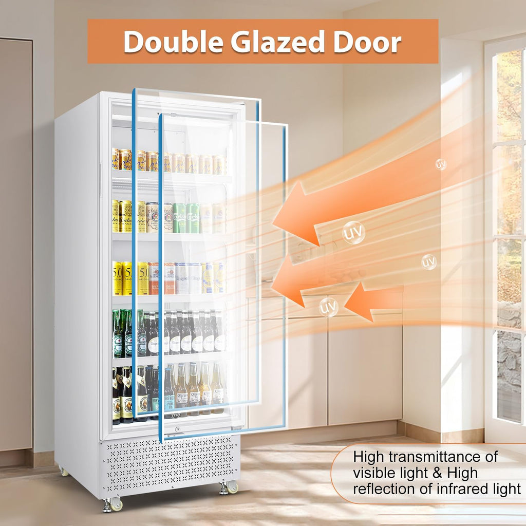 Tylza Commercial Refrigerator with Glass Door Display Beverage Fridge, 14.8 Cu Ft Upright Beverage Cooler Merchandiser with Rebound Door, Low Noise, Fast Cooling, White