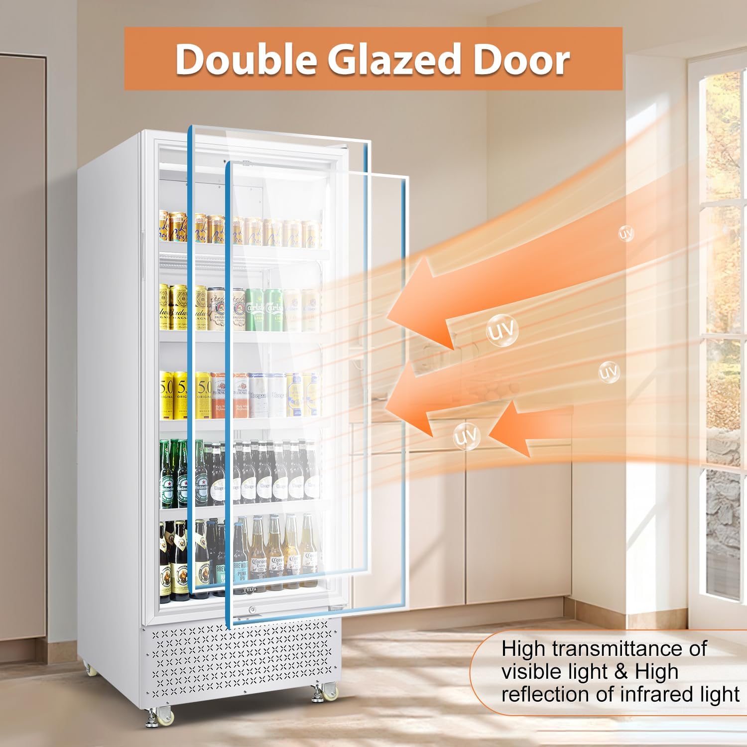 Tylza Commercial Refrigerator with Glass Door Display Beverage Fridge, 14.8 Cu Ft Upright Beverage Cooler Merchandiser with Rebound Door, Low Noise, Fast Cooling, White