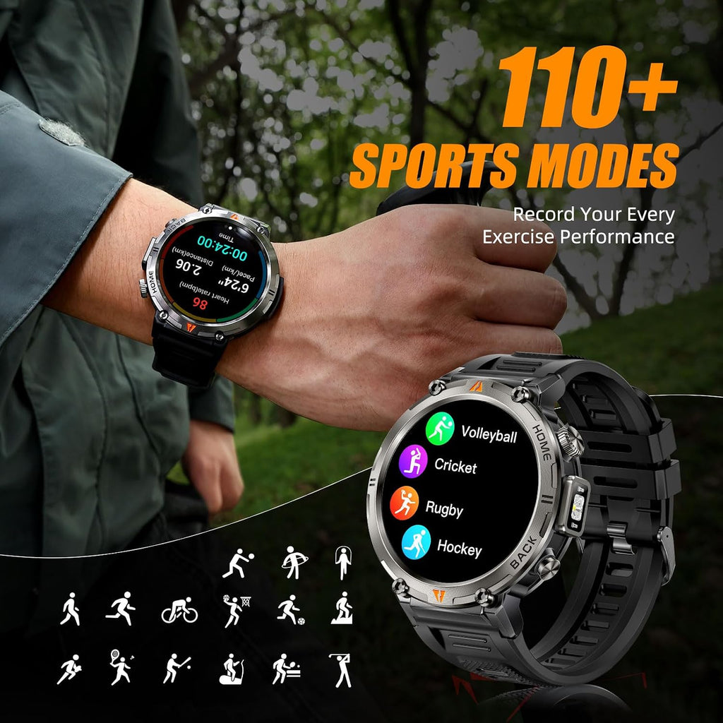 Military Smart Watches for Men Built-in GPS with LED Flashlight Compass, 3ATM Waterproof Rugged Tactical Smartwatch with Text and Call, 1.45' HD Fitness Tracker with HR SPO2 Monitor for iPhone Android