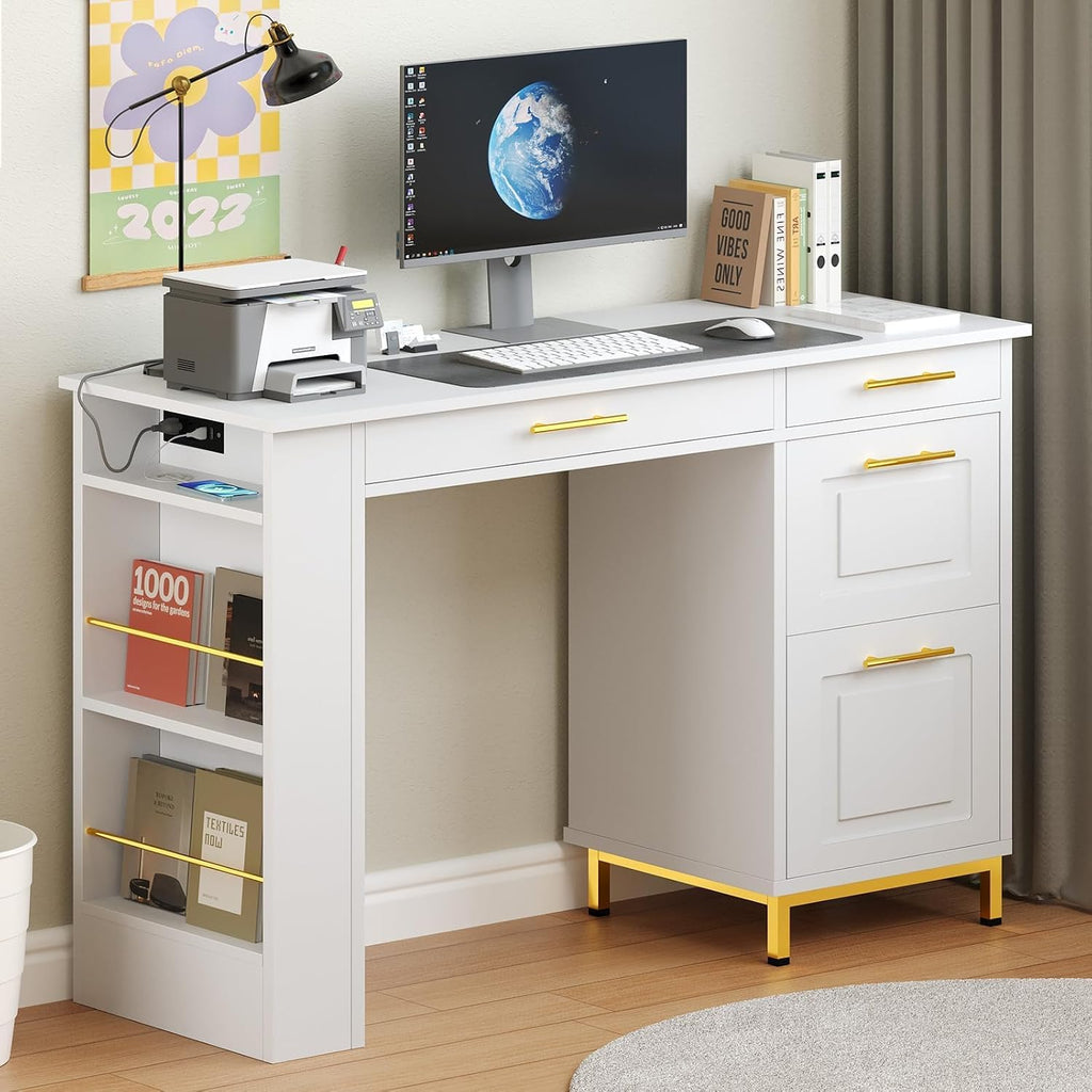 4 EVER WINNER White Desk with Drawers, 48 Inch Small Desks with Power Outlet and Side Shelf, Wood Computer Desk with Storage for Small Spaces, Study, Bedroom, White and Gold