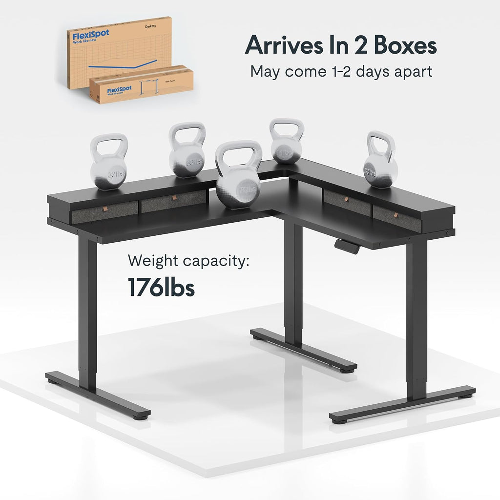 FLEXISPOT 63' L Shaped Standing Desk Electric Corner Table with Monitor Shelf, 4 Storage Drawers, Adjustable Computer Workstation for Home, Office, Game, Studio, Black Top + Black Frame