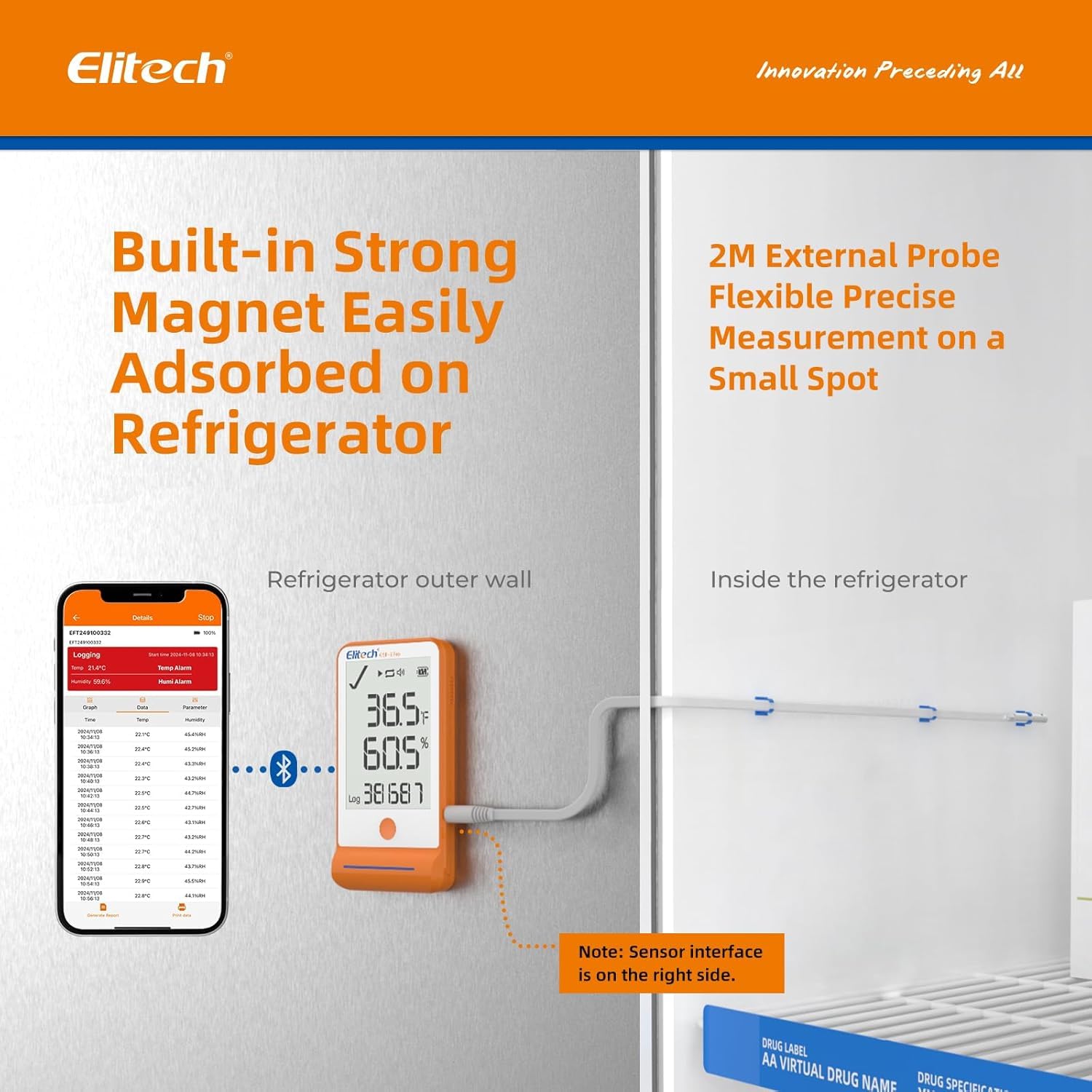 Elitech 100Pack Bluetooth Thermometer Data Logger Temperature for Refrigerator with Shadow Data 100000 Point Export PDF/CSV Report, Pharmacy Vaccine DDL Certificate, MAX MIN with Dual Probe GSP-6G-TDE