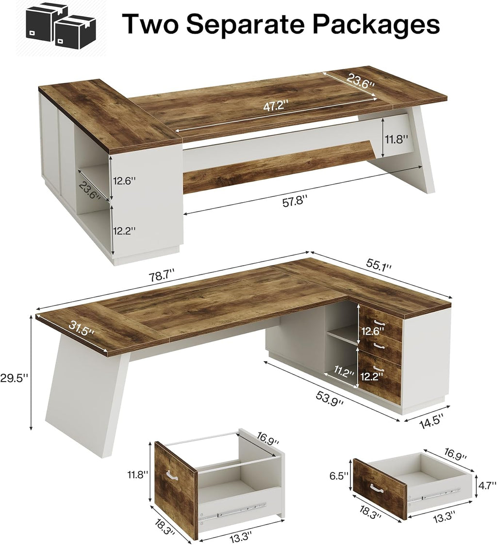 Tribesigns L-Shaped Executive Desk, 78-Inch Modern Office Desk with Drawers and Lateral File Cabinet, Large Bussiness Furniture with Storage Shelves, Workstation for Home Office (Brown + White)
