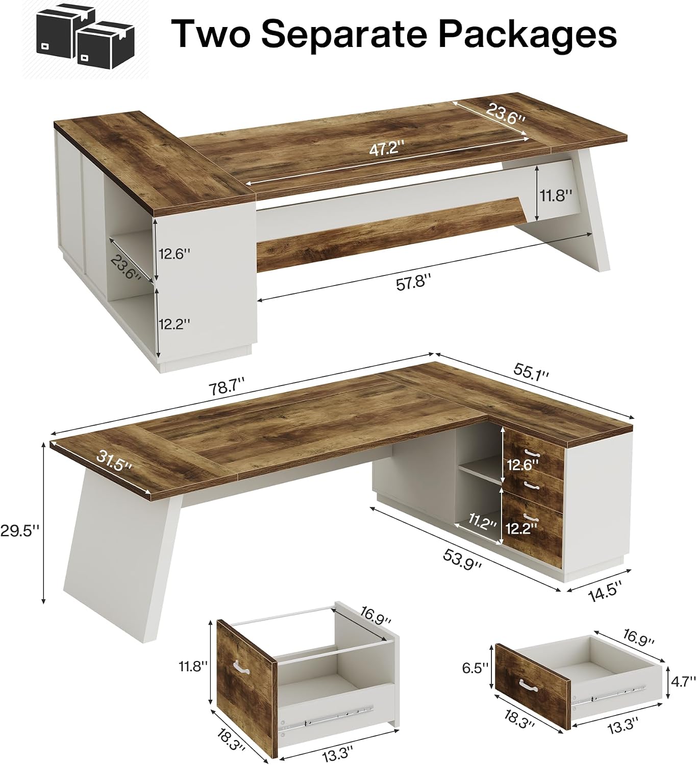 Tribesigns L-Shaped Executive Desk, 78-Inch Modern Office Desk with Drawers and Lateral File Cabinet, Large Bussiness Furniture with Storage Shelves, Workstation for Home Office (Brown + White)