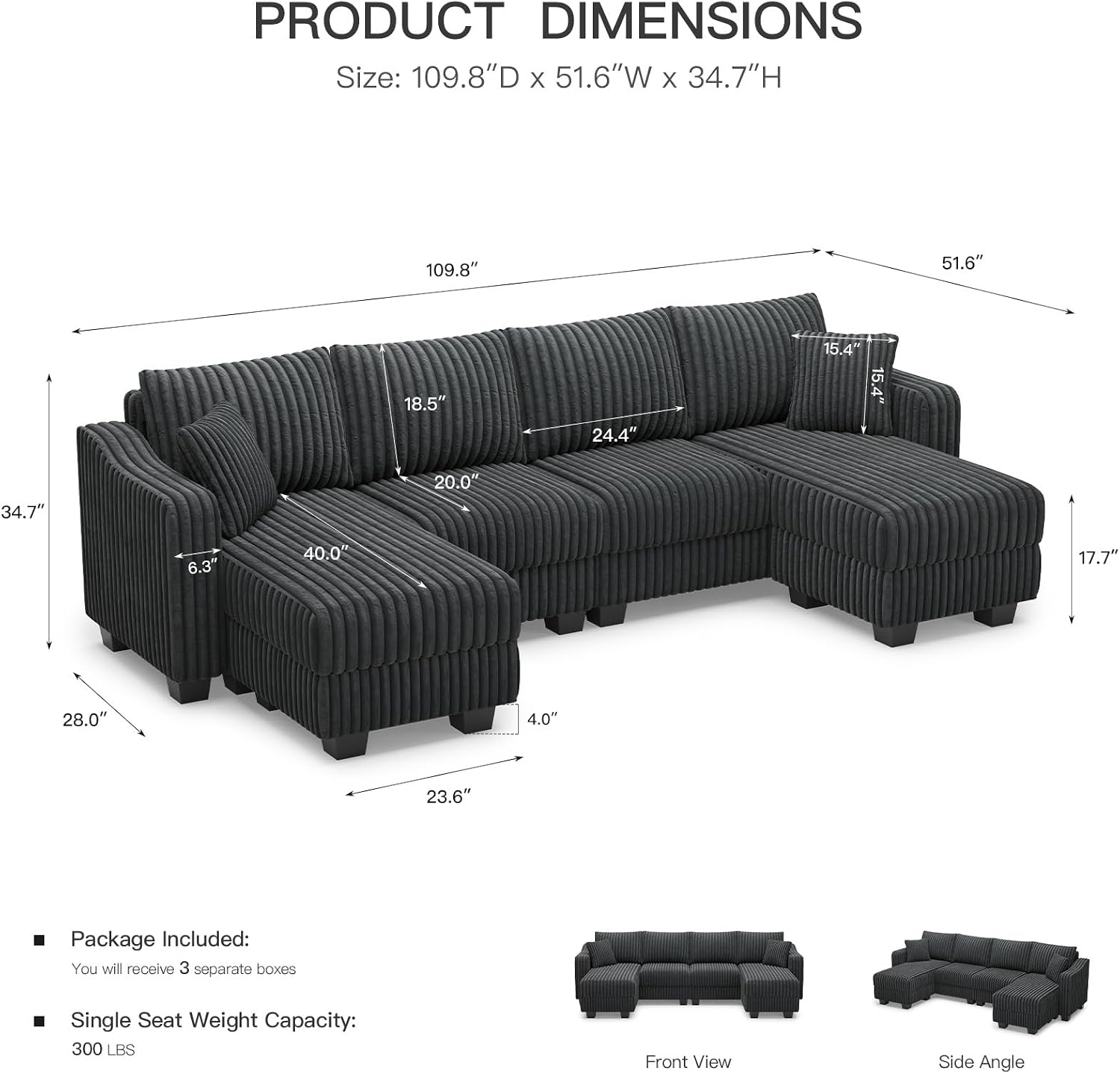 Belffin U Shaped Couch with Reversible Chaises Sectional Couches for Living Room Sectional Couch with Ottomans Corduroy (Dark Grey, U Shaped)