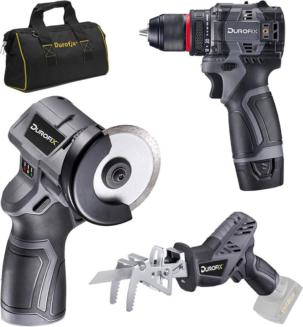Durofix G12 Series RK12136-2-K2 12V Cordless 3/8' Hammer Drill Power Tool Combo Kit with 3 Inch Compact Cut Off Tool, Reciprocating Saw, 1 Battery & Charger