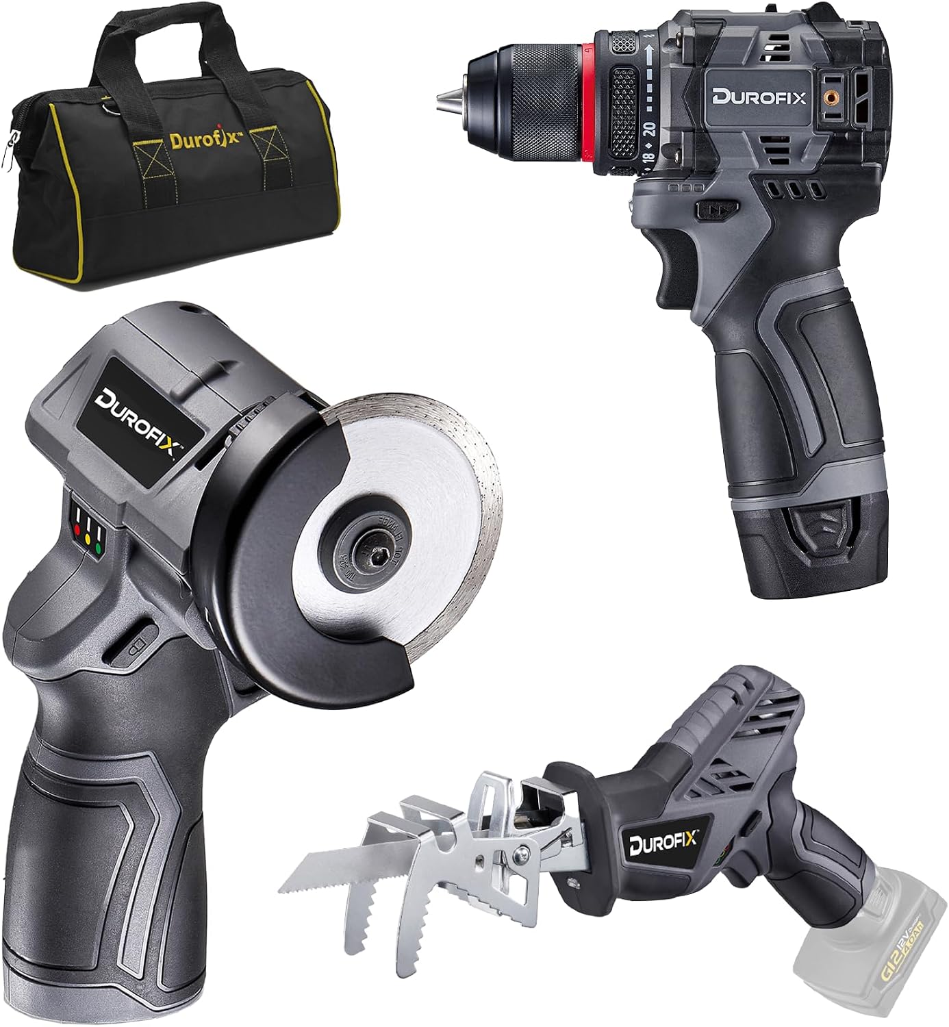 Durofix G12 Series RK12136-2-K2 12V Cordless 3/8' Hammer Drill Power Tool Combo Kit with 3 Inch Compact Cut Off Tool, Reciprocating Saw, 1 Battery & Charger