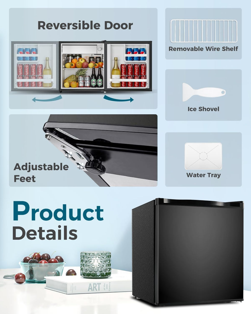 Feelfunn Mini Fridge with Freezer - 1.7 Cu.Ft Single Door Mini Refrigerator with Adjustable Thermostat, Energy Saving, Low Noise, Small Fridge for Bedroom, Office, Dorm, Apartment, Classroom - Black