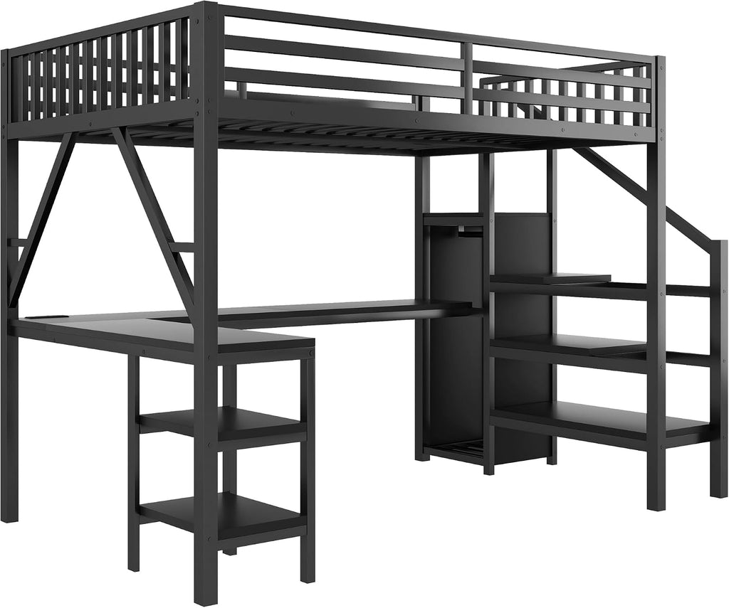 Full Size Loft Bed with Desk & Stairs, Metal Loft Bed Frame with Storage Shelves, Charging Station & LED Light, Gaming Loft Beds with Wardrobe for Kids Teens Adults, Black
