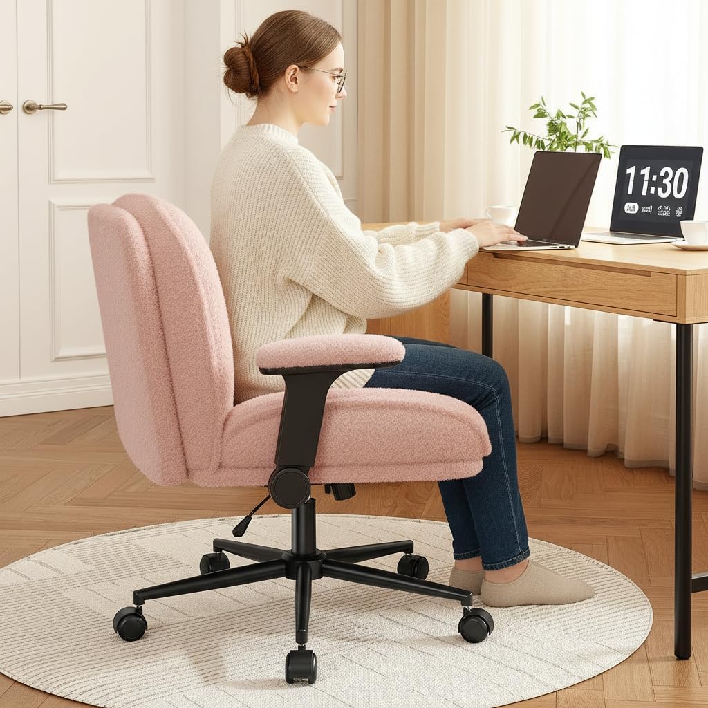 DurayLoly Criss Cross Chair with Wheels,Flip Up Arms,Wide Seat,Teddy Fleece,Adjustable Height,Cross Legged Desk Chair for Bedroom, Dorm,Home Office,Pink
