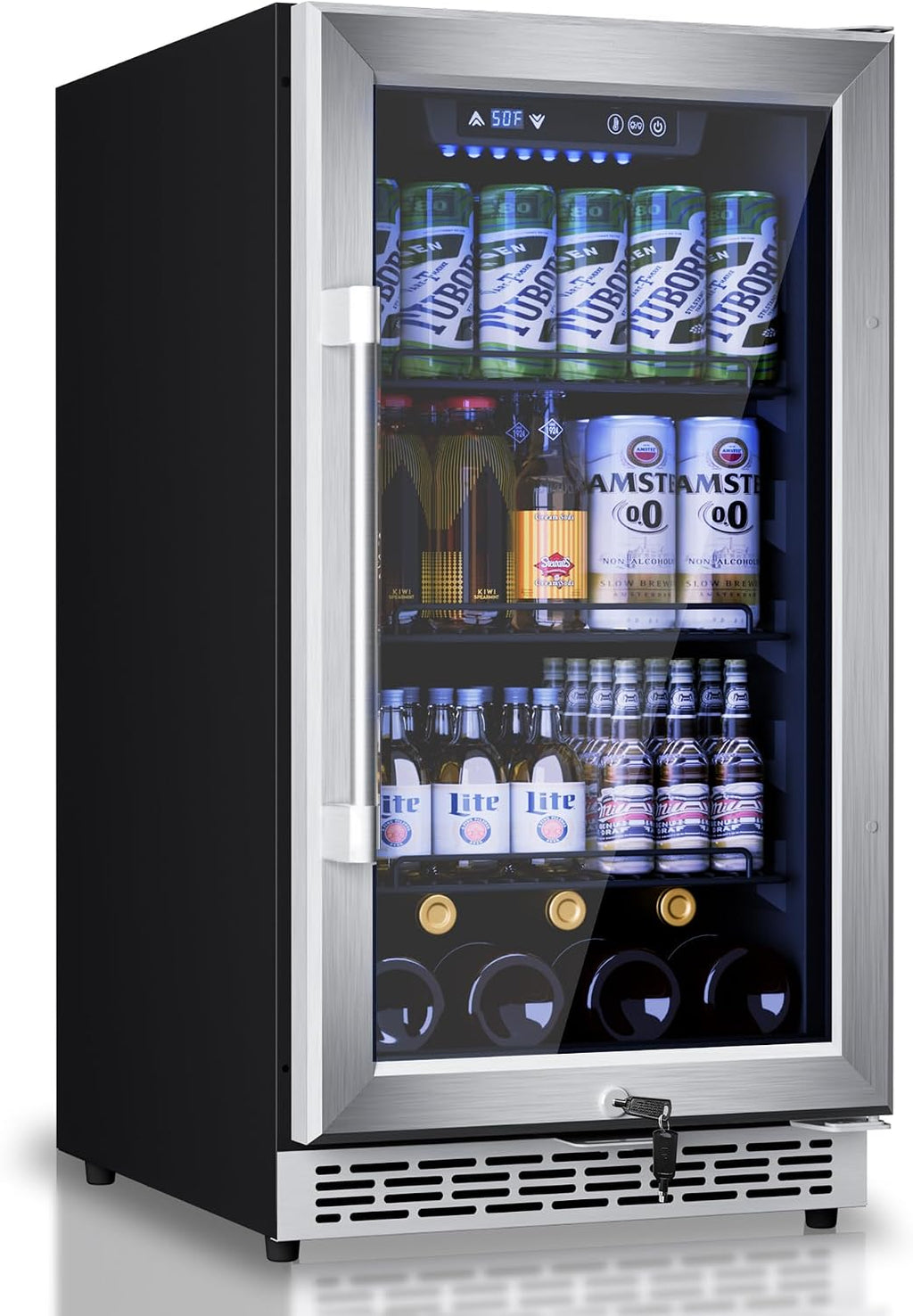 18 inch Glass Door Beverage Refrigerator – 160 Can Mini Fridge for Wine, Beer, Soda, Ideal for Home, Office, or Bar, Under Counter Built-In Design