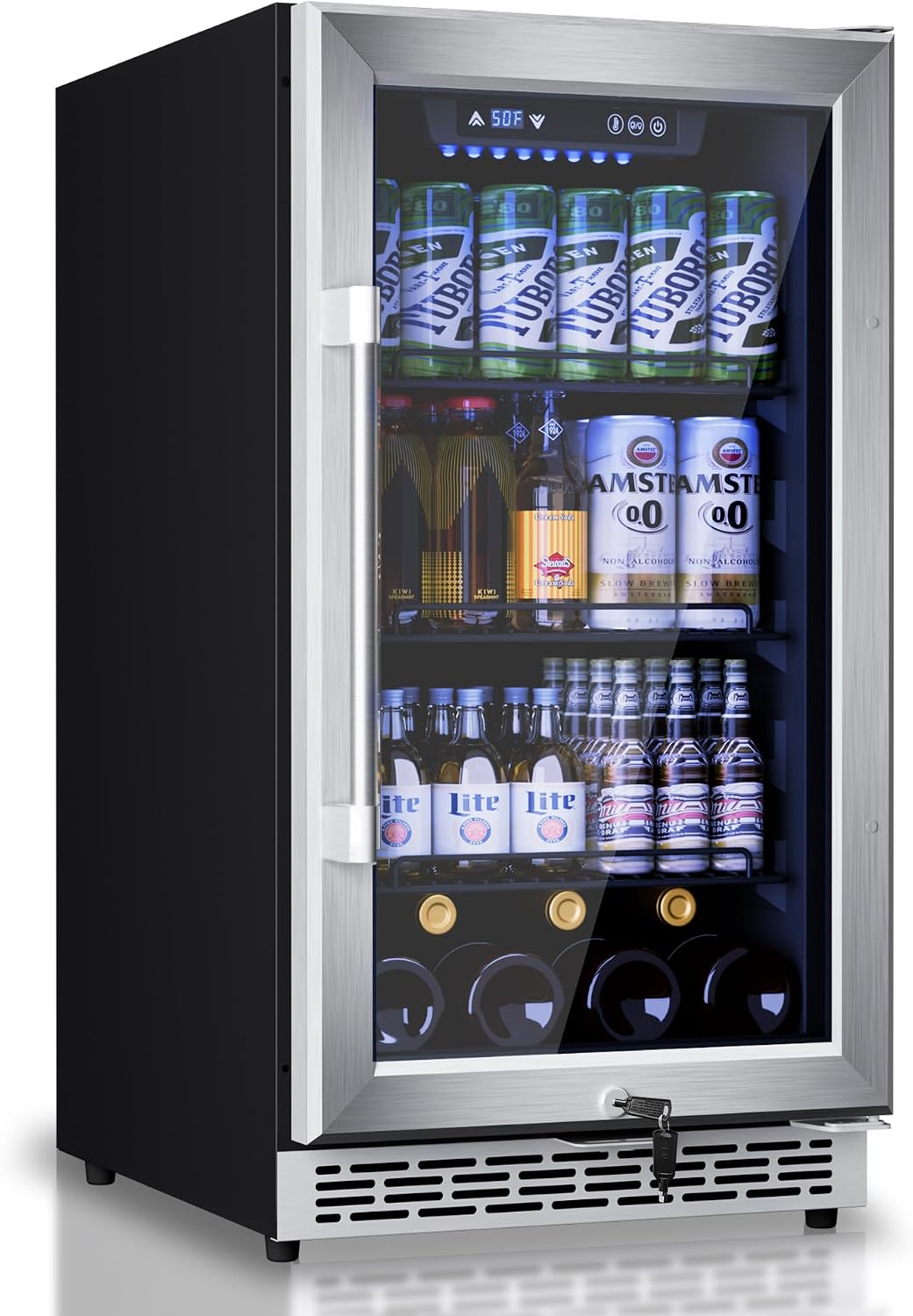 18 inch Glass Door Beverage Refrigerator – 160 Can Mini Fridge for Wine, Beer, Soda, Ideal for Home, Office, or Bar, Under Counter Built-In Design