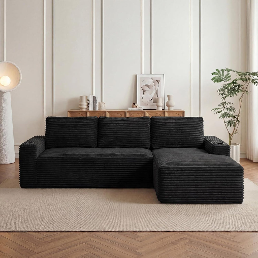 104' L Shaped Boneless Sectional Couches for Living Room, Comfy Corduroy Floor Cloud Sofa with Chaise and Cup Holder, Wide Armrest, Deep Seat, Assembly Free, Ideal for Small Spaces, Black