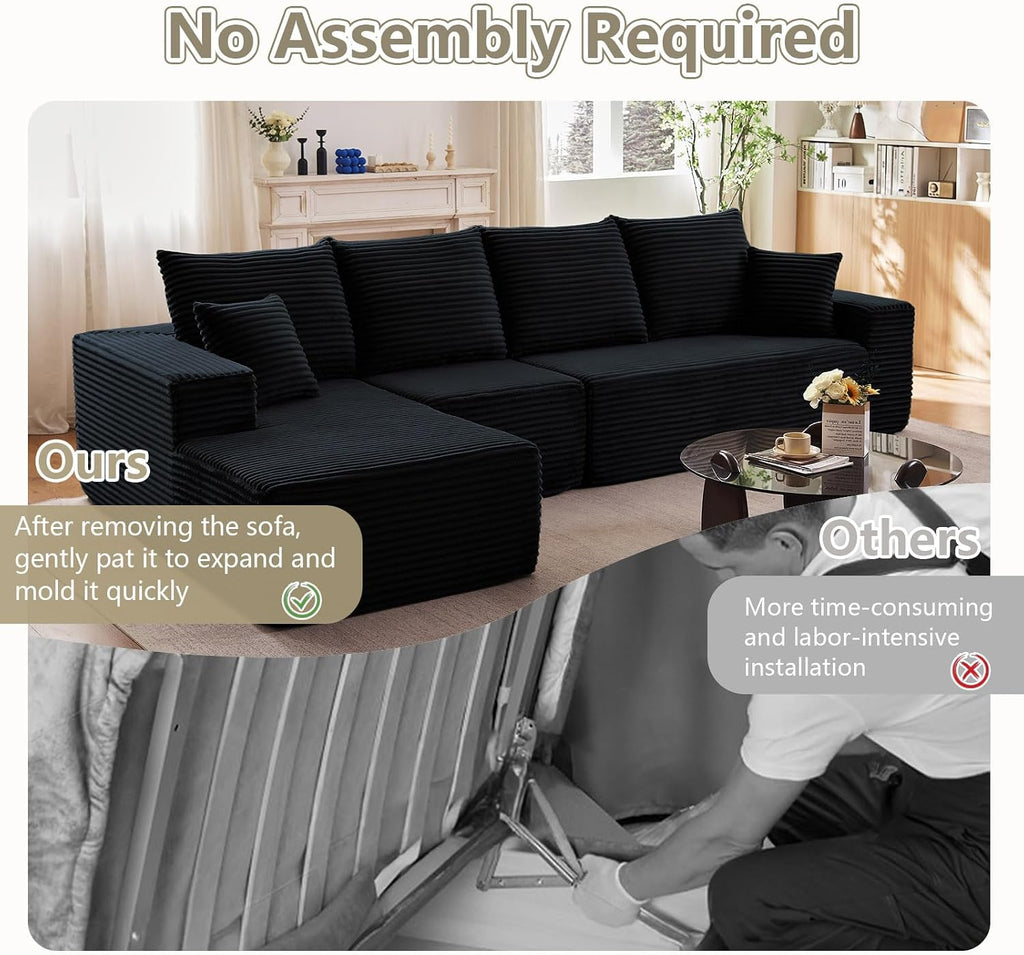 135' Modular Sectional Couches for Living Room, Comfy Boneless L Shaped Cloud Couch with Chaise Lounge, Modern Cozy Corduroy Deep Seat Floor Sofa, Memory Foam, No Assembly Required, Black