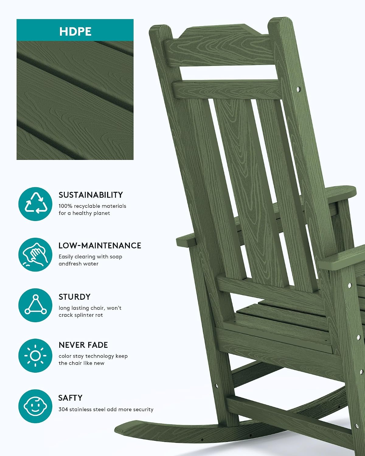 SERWALL Oversized Rocking Chair Set of 4 Outdoor, HDPE Outdoor Rocking Chair Set of 4, Avocado
