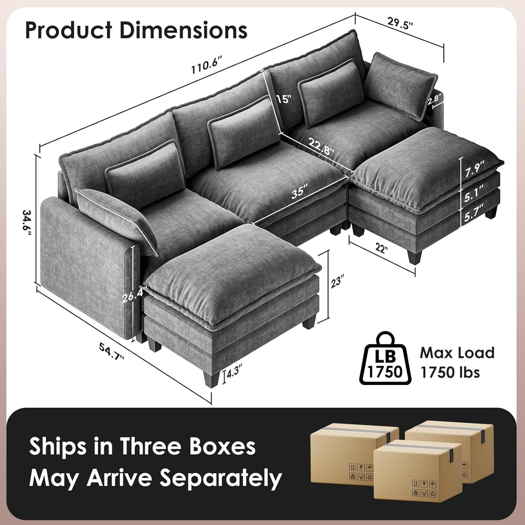 Marsail Modular Sectional Sofa 110.6' U-Shaped Modern Comfy Cloud Couch, 5-Seat Chenille Deep Seat Sofa with Throw Pillow & Movable Ottoman for Living Room, Bedroom and Apartment, Grey