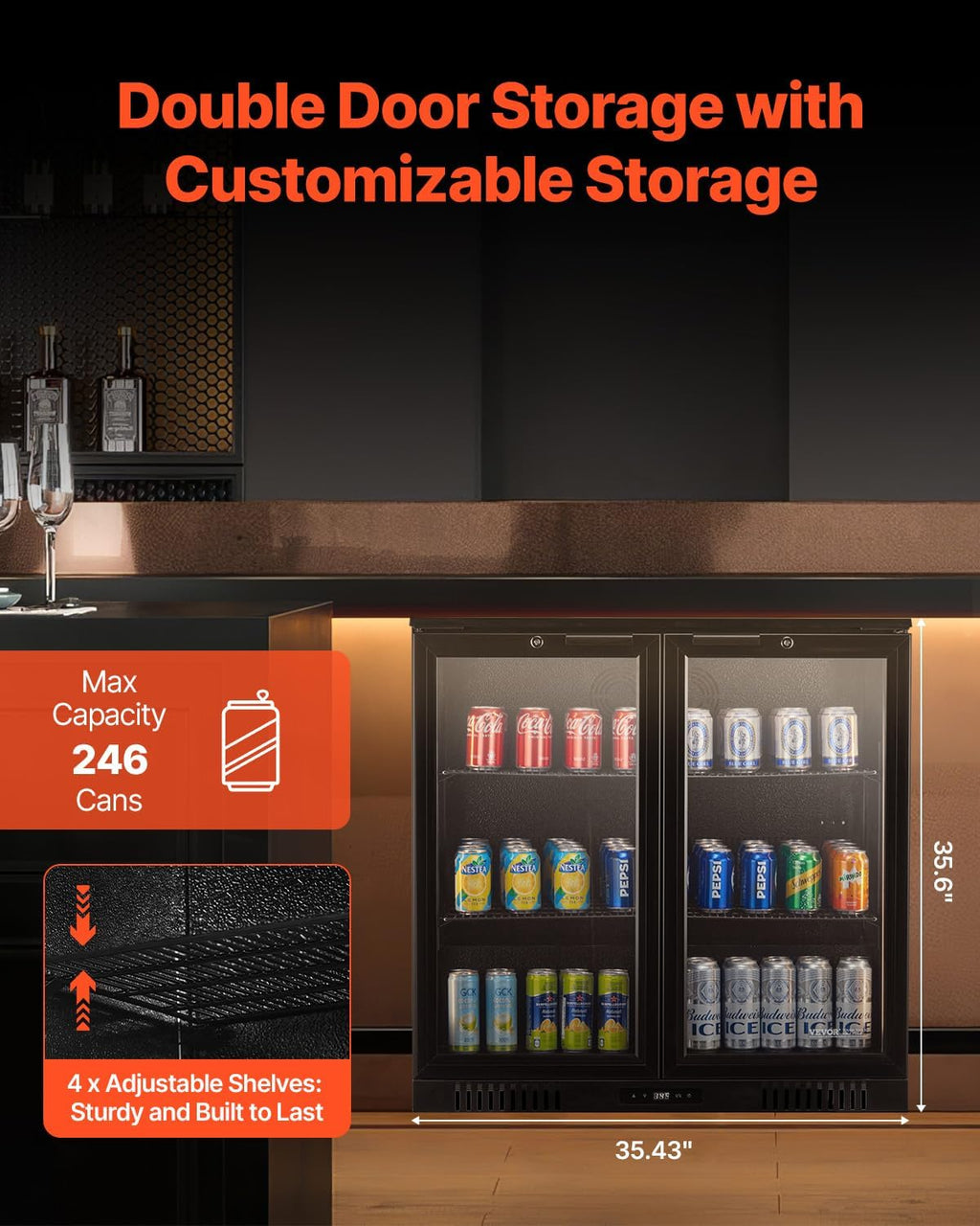 VEVOR Beverage Refrigerator Cooler, 246 Can Beverage Fridge, Soda Beer Fridge with Glass Doors, Adjustable Shelves, Digital Temperature Control, Built-in or Freestanding Fridge for Restaurant & Bar