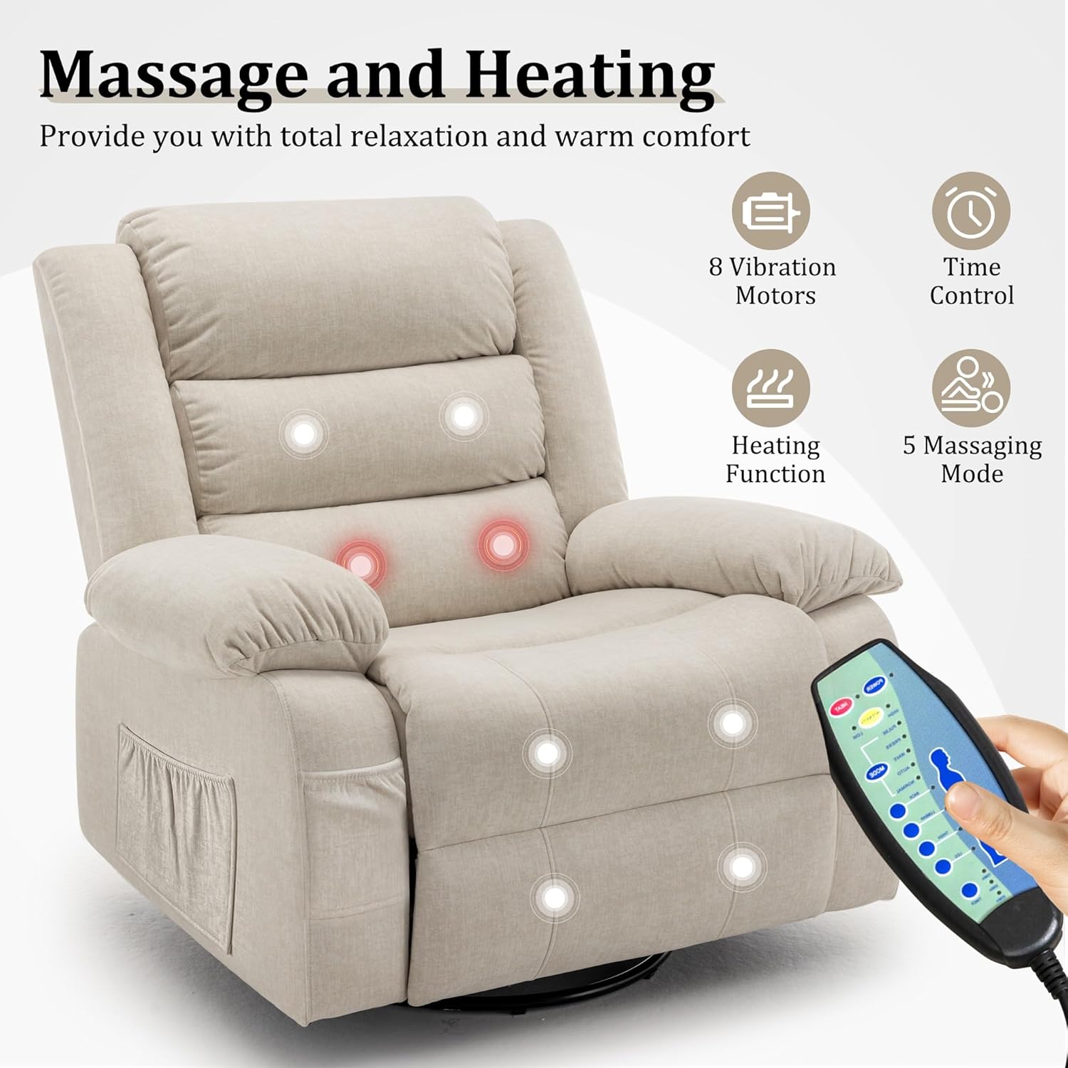 Korser Recliner Chair for Adults, Oversized 360° Swivel Rocker Recliner with Massage and Heat, Wide Nursery Glider Rocking Chair with Side Pockets, Cashmere Reclining Sofa for Living Room (Beige)