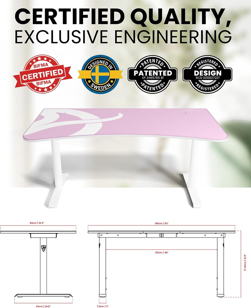 Arozzi Arena Ultrawide Curved Gaming and Office Desk with Full Surface Water Resistant Desk Mat Custom Monitor Mount Cable Management Cut Outs Under The Desk Cable Management Netting - Pink
