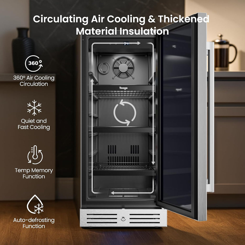 Yeego 15 Inch Beverage Refrigerator, 100-Can Beverage Cooler with Lock & Auto Defrost, Stainless Steel Indoor & Covered Outdoor Beverage Fridge, Freestanding or Under Counter for Beer, Soda & Wine