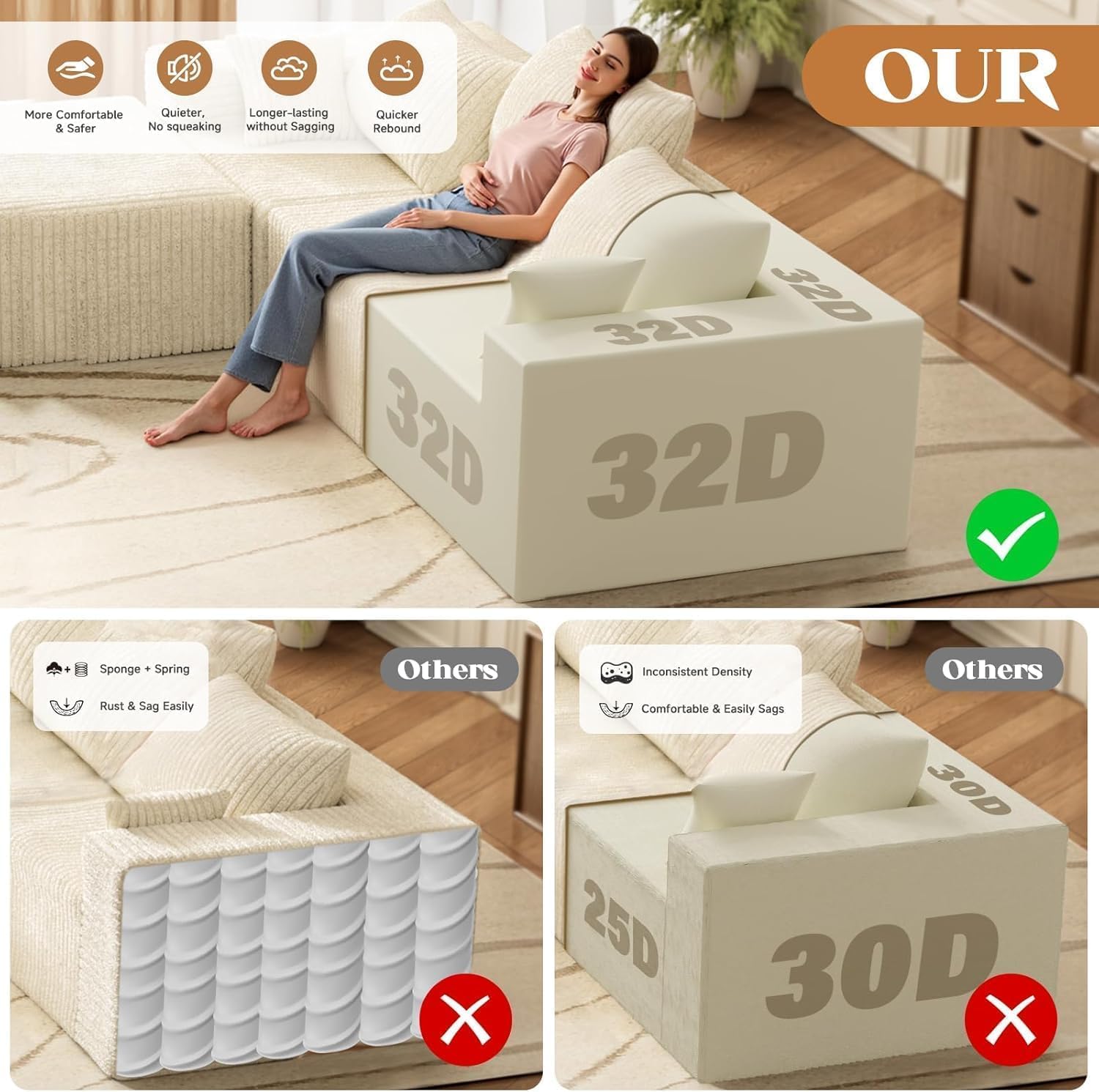 110' Cloud Modular Sectional Combination Couch with Ottoman, Deep Seat L-Shaped Sofa with Oversized Lounge, Modern Corduroy Upholstered Memory Foam Sofa for Bedroom, No Assembly (Natural White)