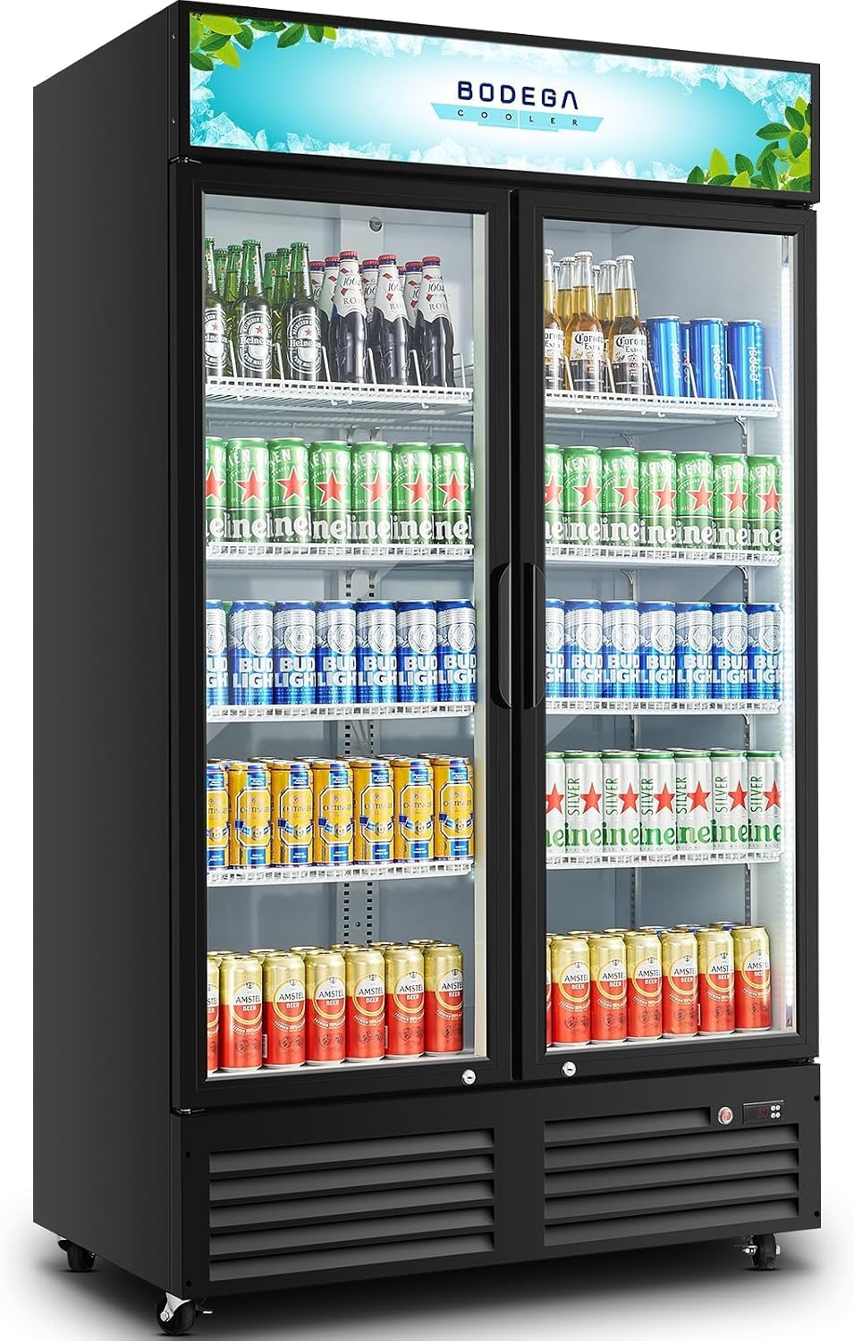 BODEGACOOLER Commercial Merchandiser Refrigerator,2 Glass Door Commercial Beverage Refrigerator, Beverage Display Cooler with Soft LED Light, Adjustable Shelves and 4 Strong Castors, 35.4 Cu. Ft,Black