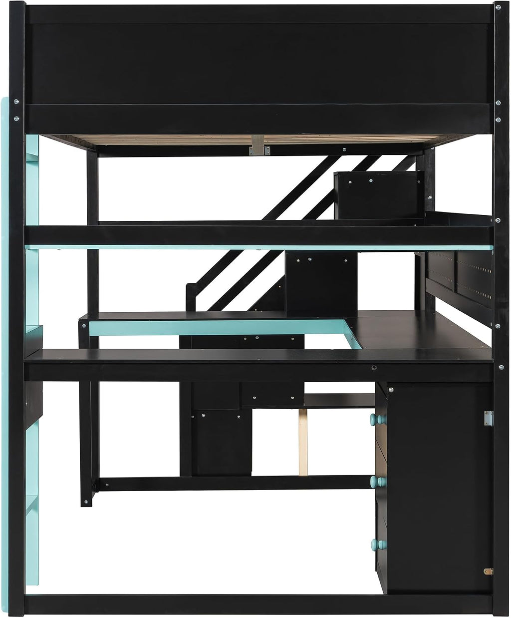 VilroCaz Modern Full Size Gaming Loft Bed with Built-in Desk, Shelves & Pegboard, Wood Loft Bed Frame with Storage Stairs for Kids Teens Adults, Maximize Space Saving (Black+Blue-S, Full)