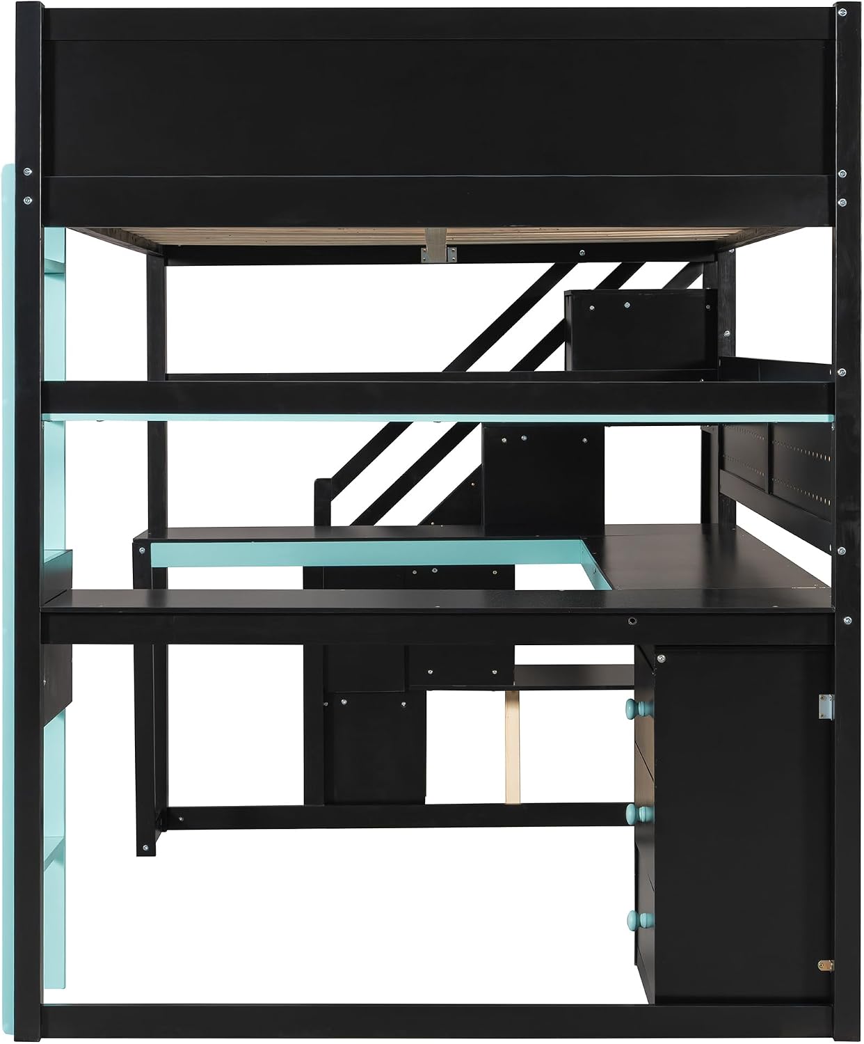 VilroCaz Modern Full Size Gaming Loft Bed with Built-in Desk, Shelves & Pegboard, Wood Loft Bed Frame with Storage Stairs for Kids Teens Adults, Maximize Space Saving (Black+Blue-S, Full)