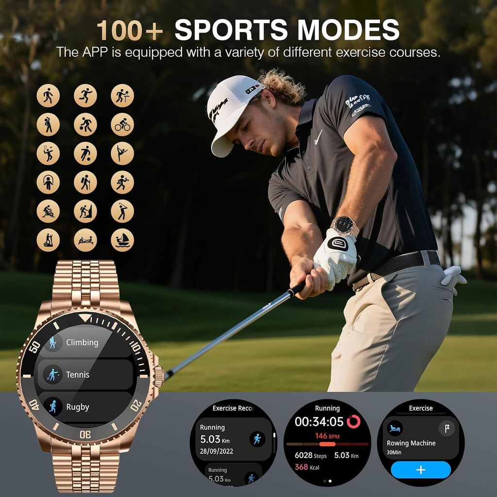 2025 DA GPT Smart Watch for Men,1.19-inch AMOLED Display, 24/7 Heart Rate, Blood Oxygen, Blood Pressure, Sleep Monitor, 107 Sports Fitness Tracker, Waterproof Smartwatch Compatible Android iOS Gold