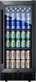 15 Inch Beverage Fridge, 132-Can Capacity Under Counter Refrigerator with Blue LED Display, Beverage Refrigerator with Glass Door & Adjustable Shelves for Home, Bar, Office (Black)
