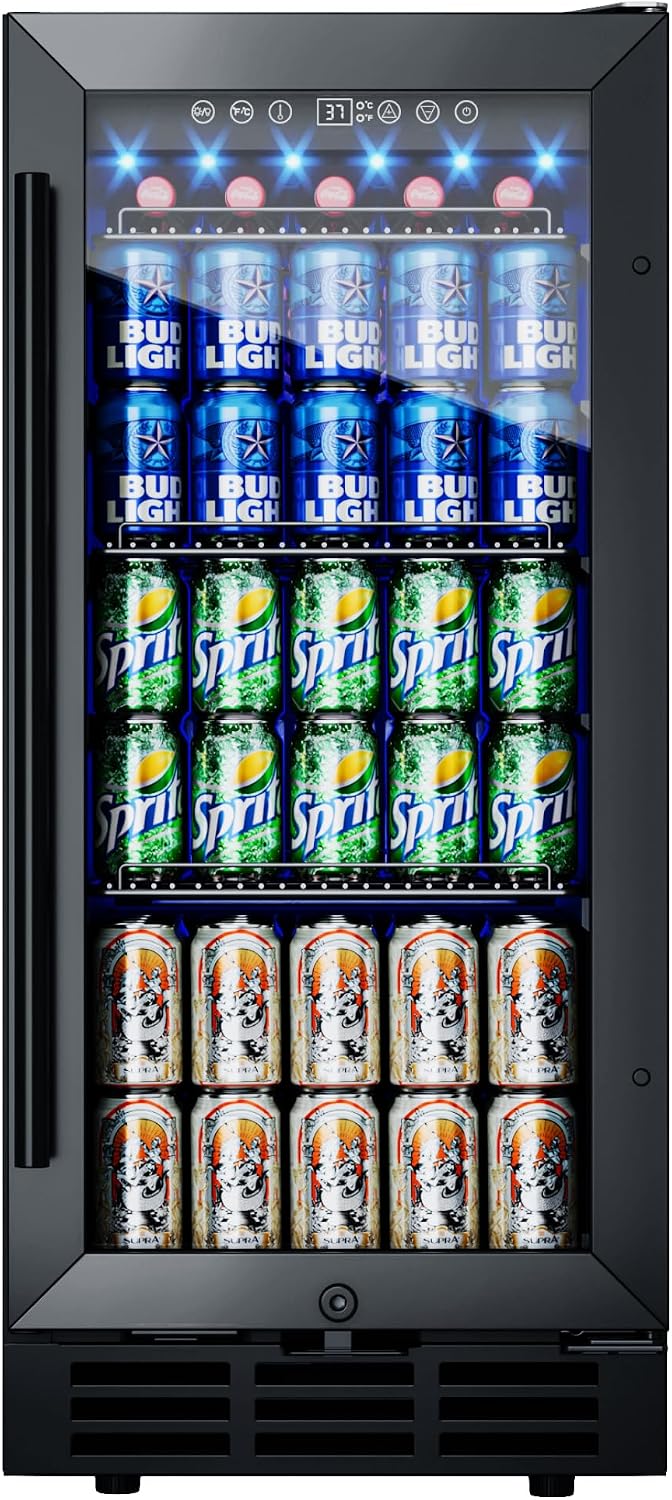 15 Inch Beverage Fridge, 132-Can Capacity Under Counter Refrigerator with Blue LED Display, Beverage Refrigerator with Glass Door & Adjustable Shelves for Home, Bar, Office (Black)