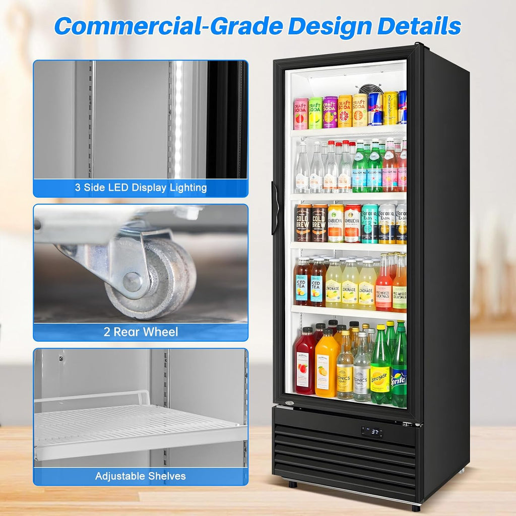 Commercial Beverage Refrigerator, 24.5' Glass Door Display Fridge, 15 Cu.Ft Freestanding Beverage Cooler with 4 Adjustable Shelves, Auto Rebound Door, Low Noise, for Shops, Restaurants & Bars, Black