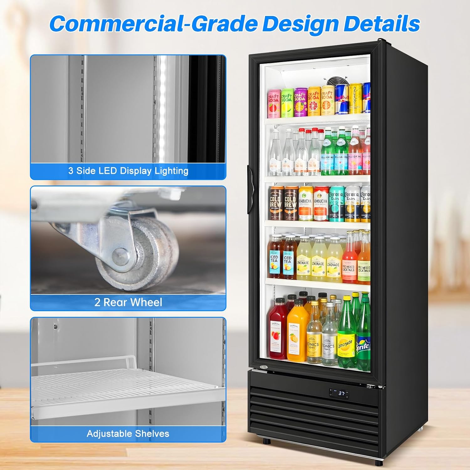 Commercial Beverage Refrigerator, 24.5' Glass Door Display Fridge, 15 Cu.Ft Freestanding Beverage Cooler with 4 Adjustable Shelves, Auto Rebound Door, Low Noise, for Shops, Restaurants & Bars, Black