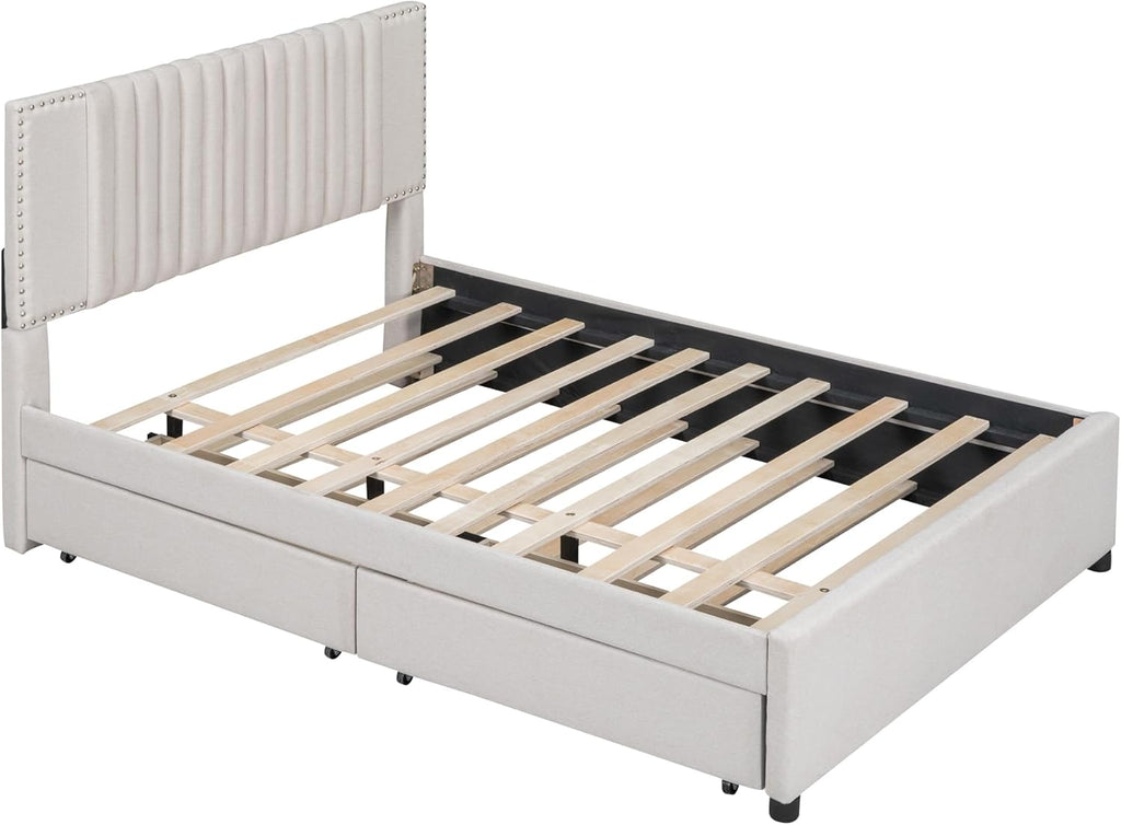 DNYN Full Size Upholstered Platform Bed with Trundle(Twin) & 2 Drawers for Kids Bedroom,Wooden Linen Fabric Bedframe w/Storage & Classic Heardboard,No Box Spring Needed, Beige
