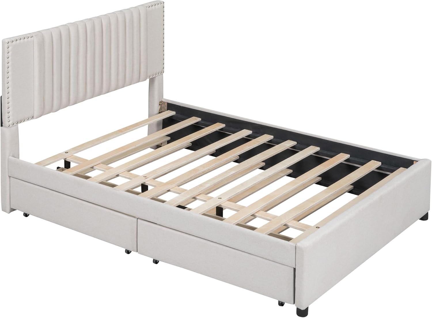 DNYN Full Size Upholstered Platform Bed with Trundle(Twin) & 2 Drawers for Kids Bedroom,Wooden Linen Fabric Bedframe w/Storage & Classic Heardboard,No Box Spring Needed, Beige