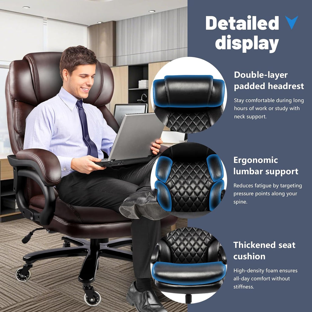 800LBS Big and Tall Office Chair for Heavy People, Heavy Duty Executive Chair with High Back, Extra Wide Seat and Adjustable Lumbar, Large Computer Desk Chair Comfortable for Home Office (Brown)