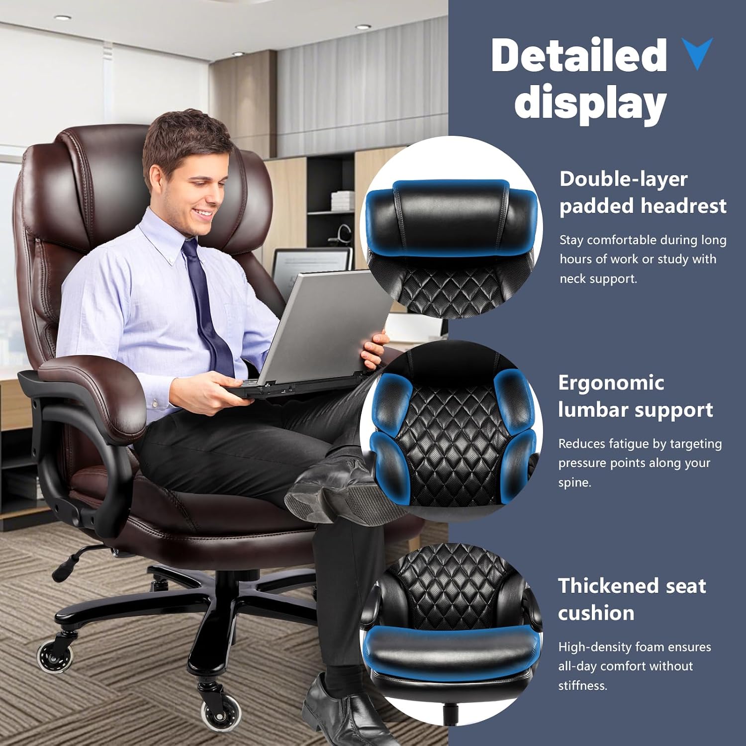 800LBS Big and Tall Office Chair for Heavy People, Heavy Duty Executive Chair with High Back, Extra Wide Seat and Adjustable Lumbar, Large Computer Desk Chair Comfortable for Home Office (Brown)