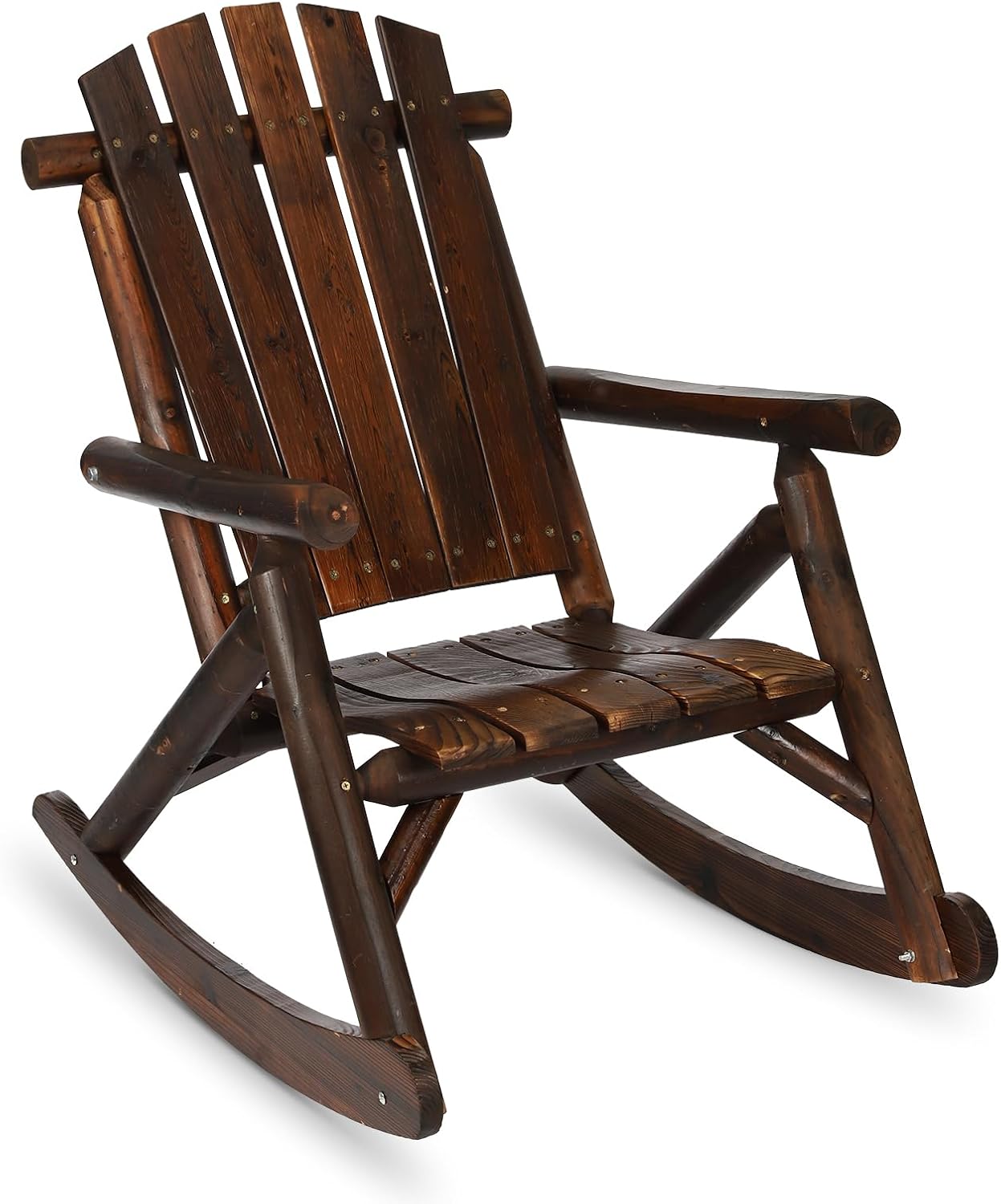 HOMEDIARY Wooden Adirondack Rocking Chair, Patio Log Rocker Outdoor Lounge Chair with Slatted Wooden Design, High Fanned Back & Classic Rustic Style for Garden Patio Backyard Porch, Carbonized