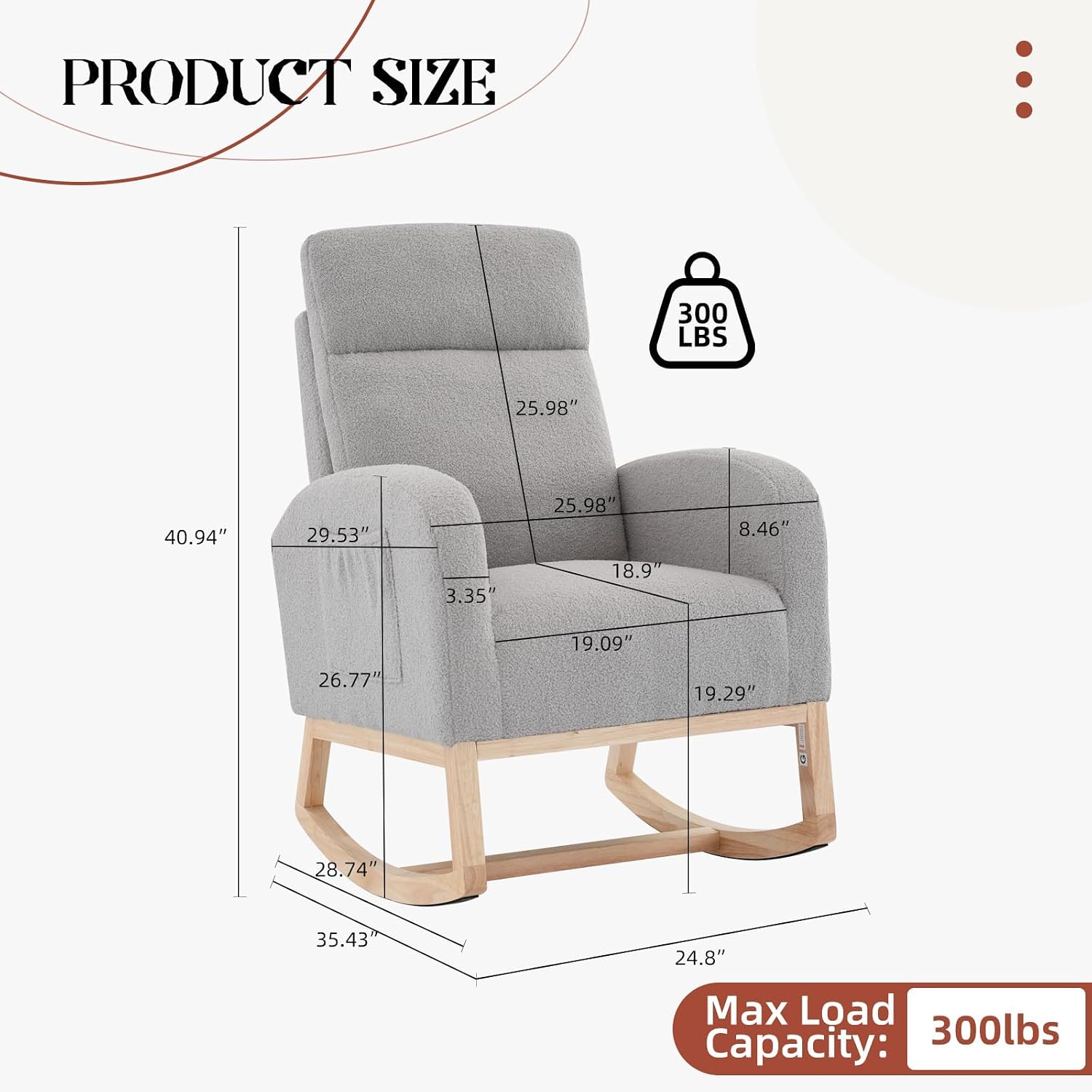 Nursery Glider Rocking Chair with 2 Side Pockets - Solid Wood Legs, Cozy Armchair for Baby Room, Living Room, Bedroom, Comfortable Nursery Essential(Light Gray)