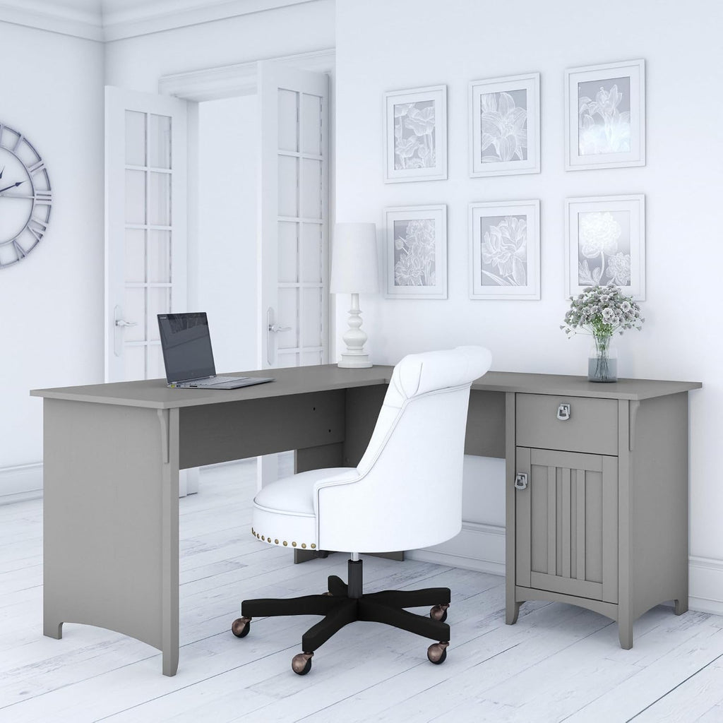 Bush Home L Shaped Desk with Storage for Home Office, Modern Farmhouse Corner Table with Drawers and Cabinets, Salinas Collection, Cape Cod Gray