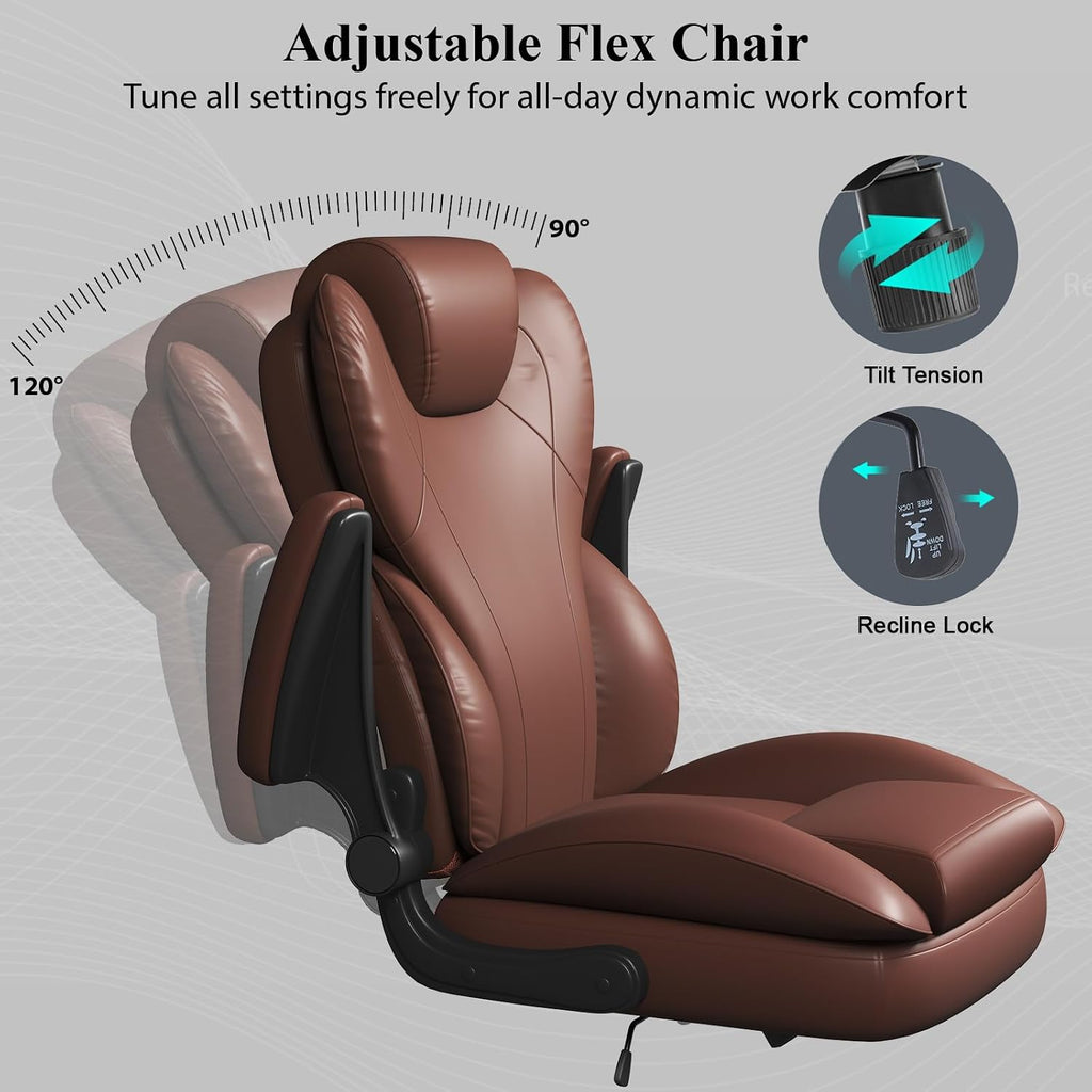 Office Desk Chair, Executive Leather Office Chair, High Back Ergonomic Home Desk Chair with Padded Flip-up Arms, Big and Tall Computer Chair with Rocking Function, 360°Swivel Free, Light Brown